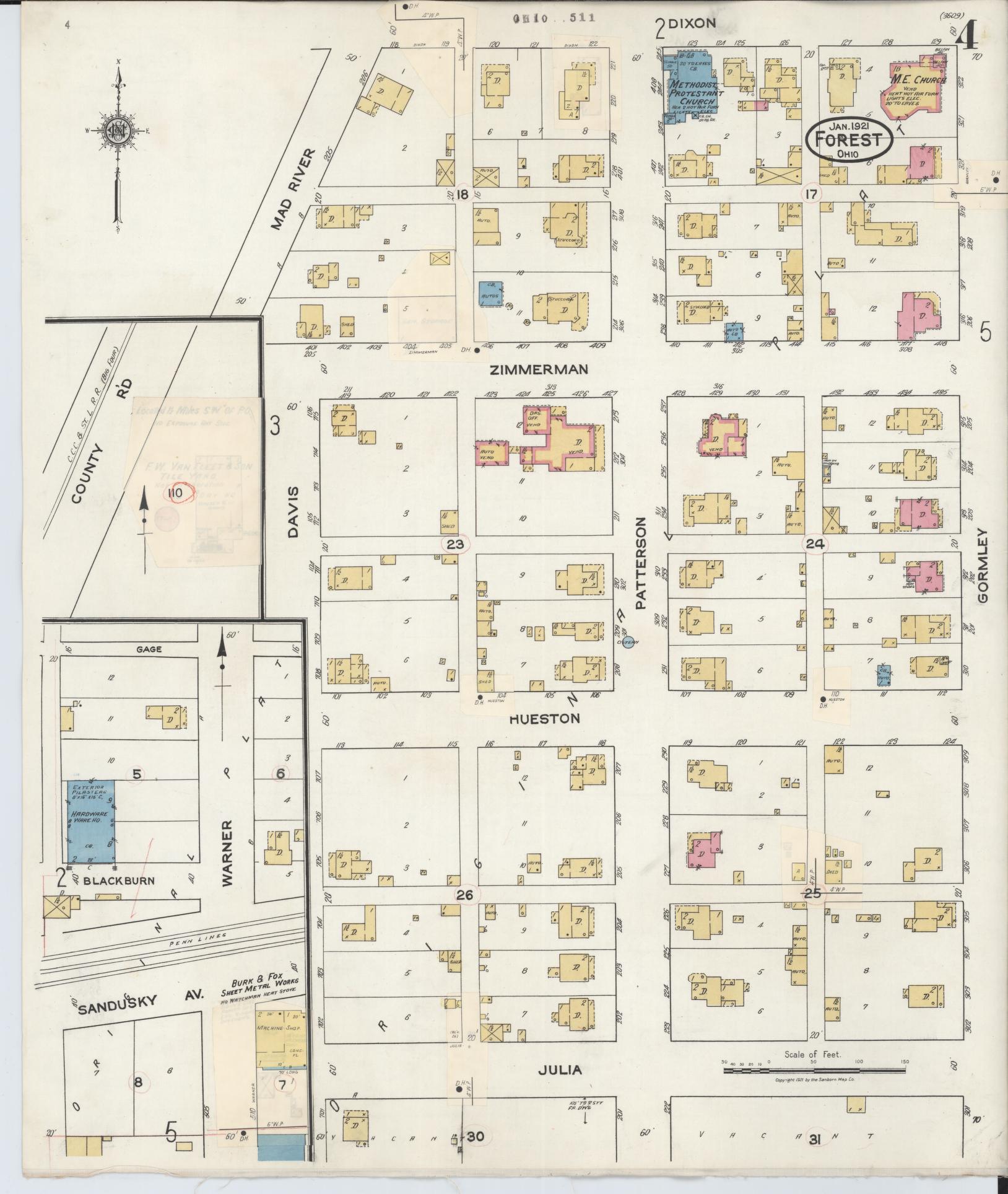 Sanborn Fire Insurance Map from Forest, Hardin County, Ohio (1932), Sheet #0004 - Historic Sanborn Fire Insurance Map Print, vintage old map wall art, antique decor, genealogy gift, Ohio Ohio map