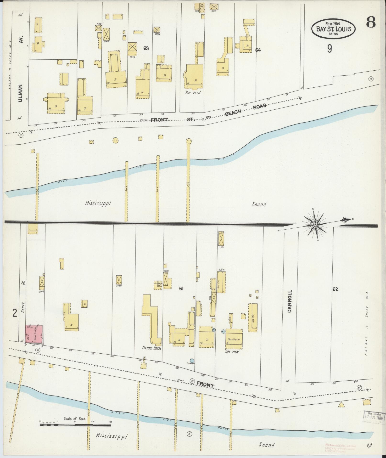 Sanborn Fire Insurance Map from Bay Saint Louis, Hancock County, Mississippi (1904), Sheet #0008 - Historic Sanborn Fire Insurance Map Print, vintage old map wall art, antique decor, genealogy gift, Mississippi Mississippi map