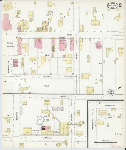 Sanborn Fire Insurance Map from Fayette, Jefferson County, Mississippi (1908), Sheet #0002 - Complete Map Set gallery image, historic Sanborn map, vintage wall art, Mississippi Mississippi