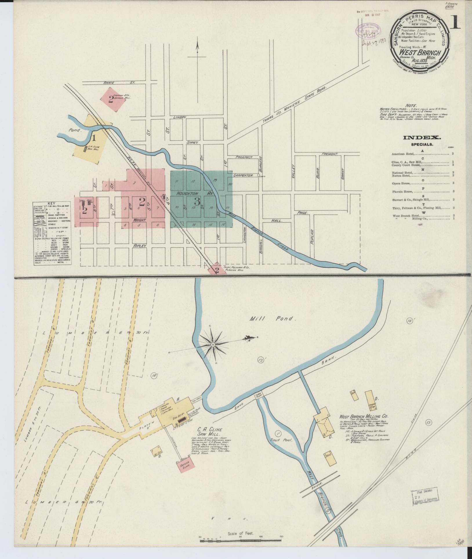 Sanborn Fire Insurance Map from West Branch, Ogemaw County, Michigan (1893), Sheet #0001 - Historic Sanborn Fire Insurance Map Print, vintage old map wall art, antique decor, genealogy gift, Michigan Michigan map