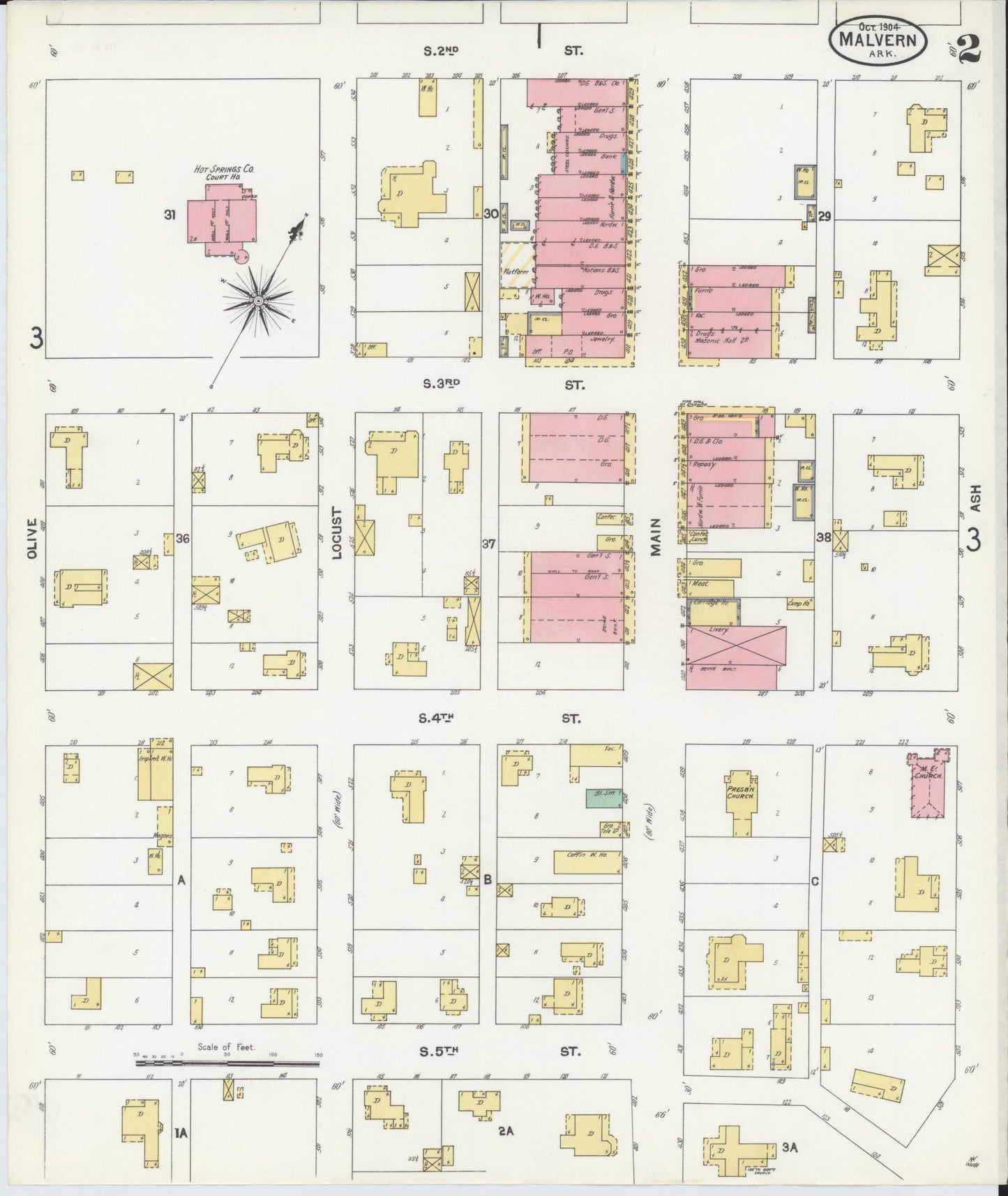 Sanborn Fire Insurance Map from Malvern, Hot Springs County, Arkansas (1904), Sheet #0002 - Complete Map Set gallery image, historic Sanborn map, vintage wall art, Arkansas Arkansas