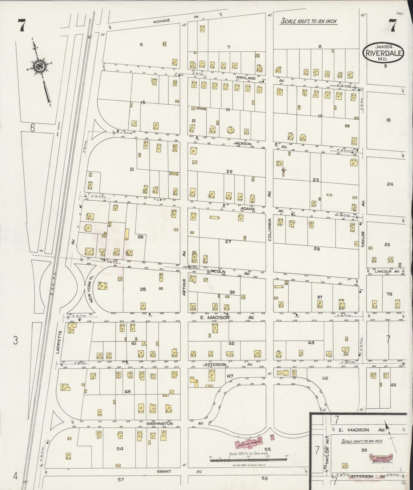 Sanborn Fire Insurance Map from Riverdale, Prince Georges County, Maryland (1924), Sheet #0007 - Historic Sanborn Fire Insurance Map Print, vintage old map wall art