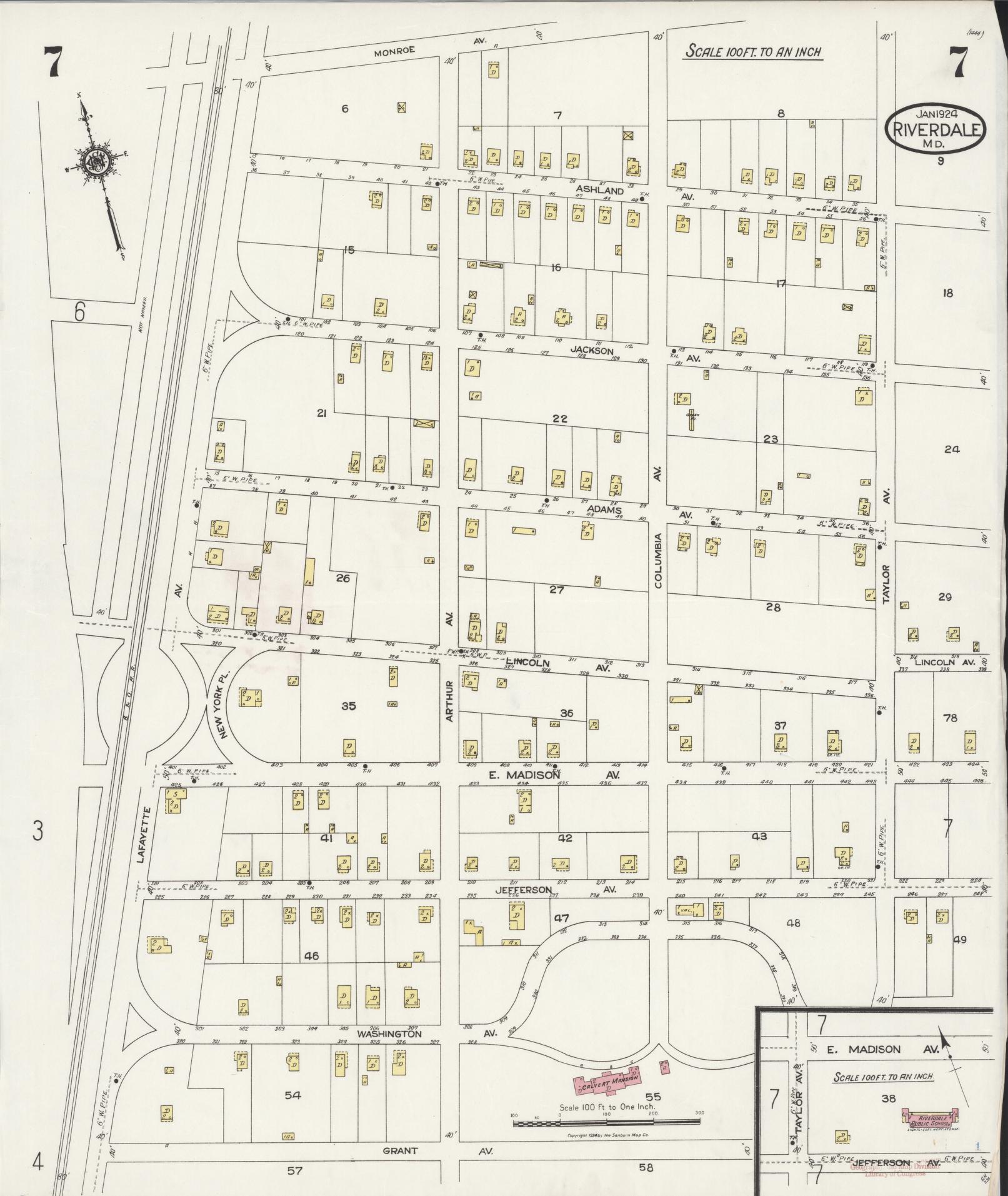 Sanborn Fire Insurance Map from Riverdale, Prince Georges County, Maryland (1924), Sheet #0007 - Historic Sanborn Fire Insurance Map Print, vintage old map wall art