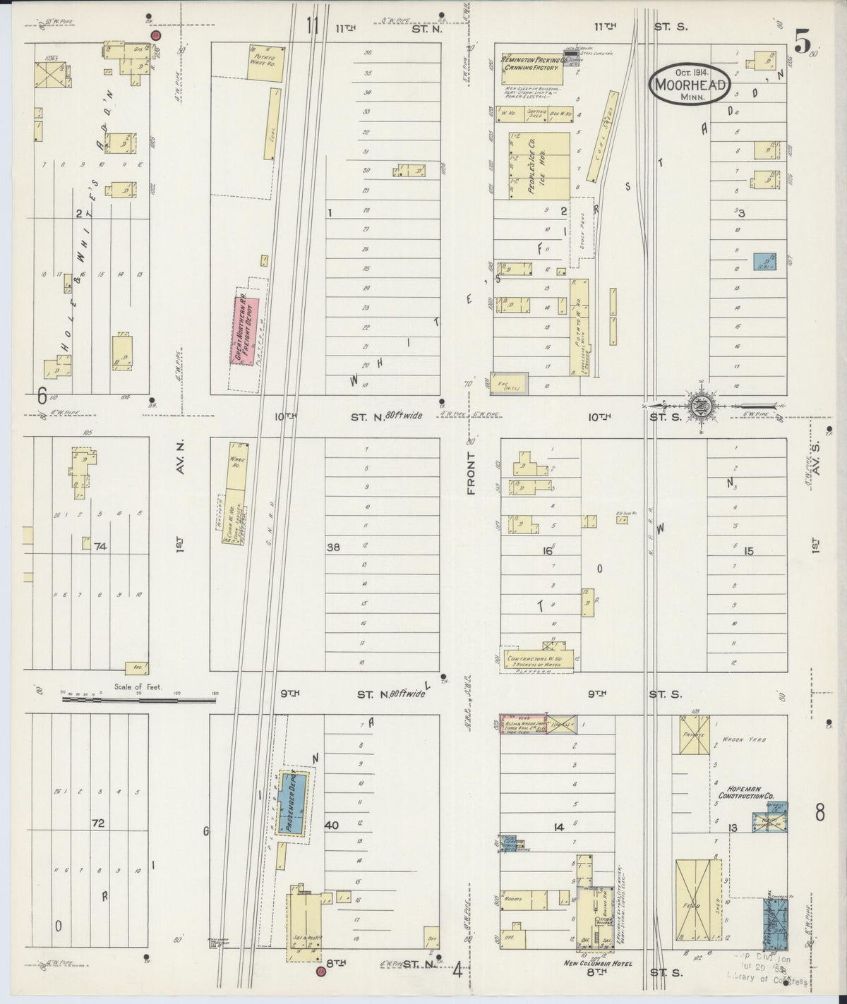 Sanborn Fire Insurance Map from Moorhead, Clay County, Minnesota (1914), Sheet #0005 - Historic Sanborn Fire Insurance Map Print, vintage old map wall art, antique decor, genealogy gift, Minnesota Minnesota map
