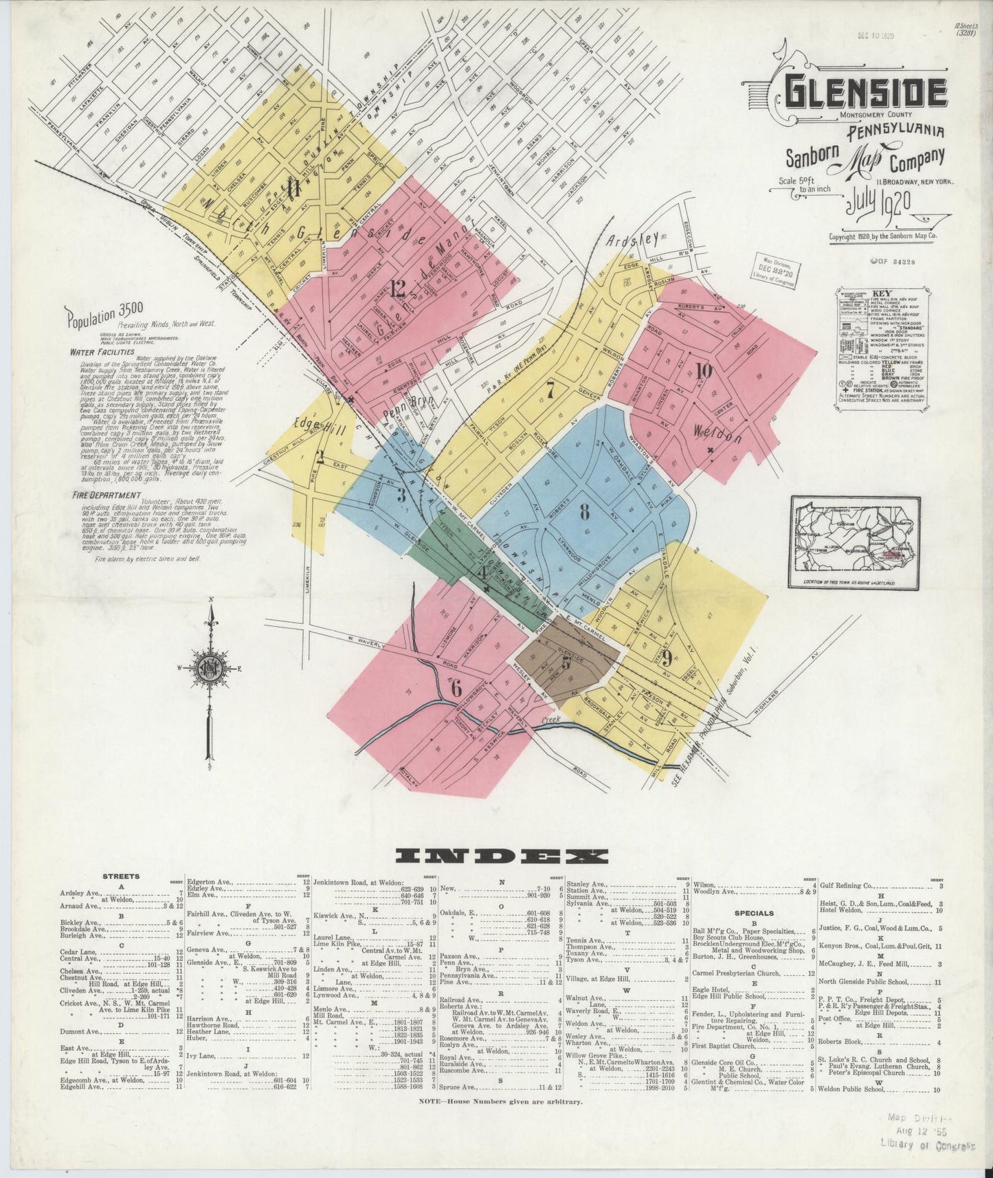 Sanborn Fire Insurance Map from Glenside, Montgomery County, Pennsylvania (1920), Sheet #0001 - Historic Sanborn Fire Insurance Map Print, vintage old map wall art, antique decor, genealogy gift, Pennsylvania Pennsylvania map