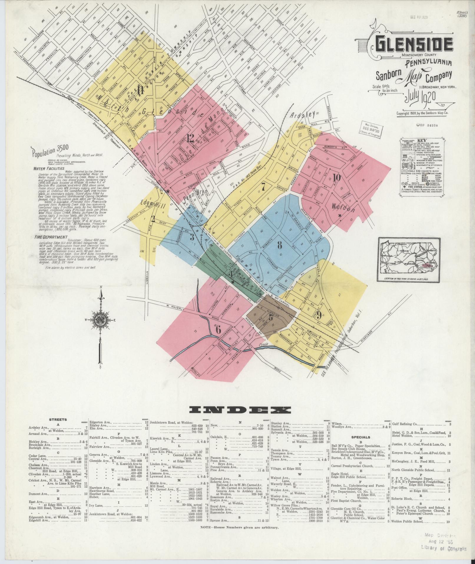 Sanborn Fire Insurance Map from Glenside, Montgomery County, Pennsylvania (1920), Sheet #0001 - Historic Sanborn Fire Insurance Map Print, vintage old map wall art, antique decor, genealogy gift, Pennsylvania Pennsylvania map