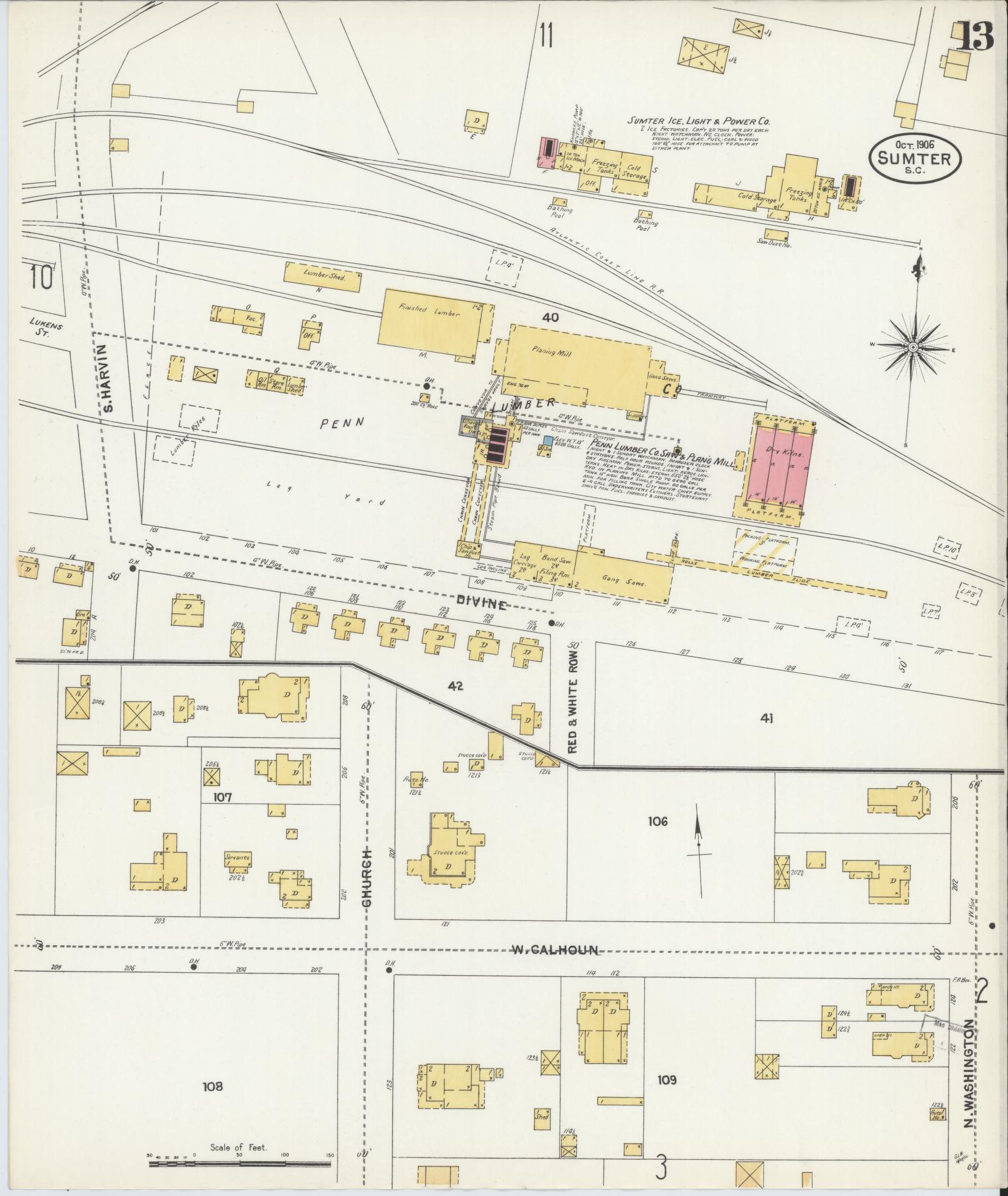 Sanborn Fire Insurance Map from Sumter, Sumter County, South Carolina (1906), Sheet #0013 - Historic Sanborn Fire Insurance Map Print, vintage old map wall art, antique decor, genealogy gift, South Carolina South Carolina map
