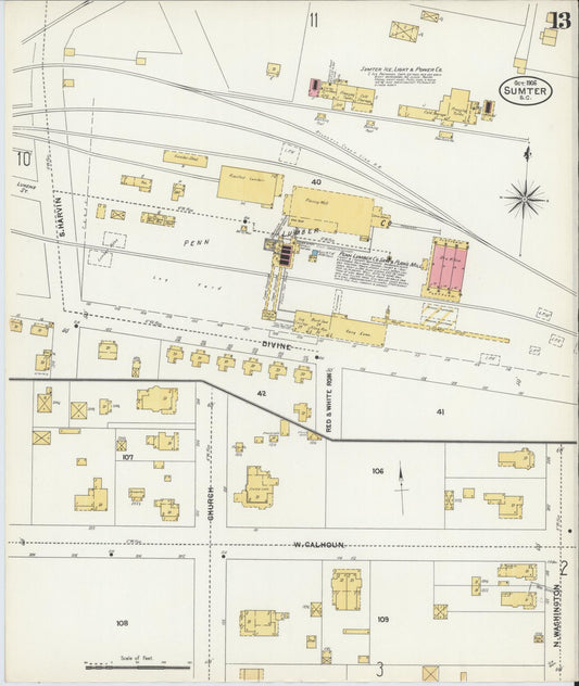 Sanborn Fire Insurance Map from Sumter, Sumter County, South Carolina (1906), Sheet #0013 - Historic Sanborn Fire Insurance Map Print, vintage old map wall art, antique decor, genealogy gift, South Carolina South Carolina map