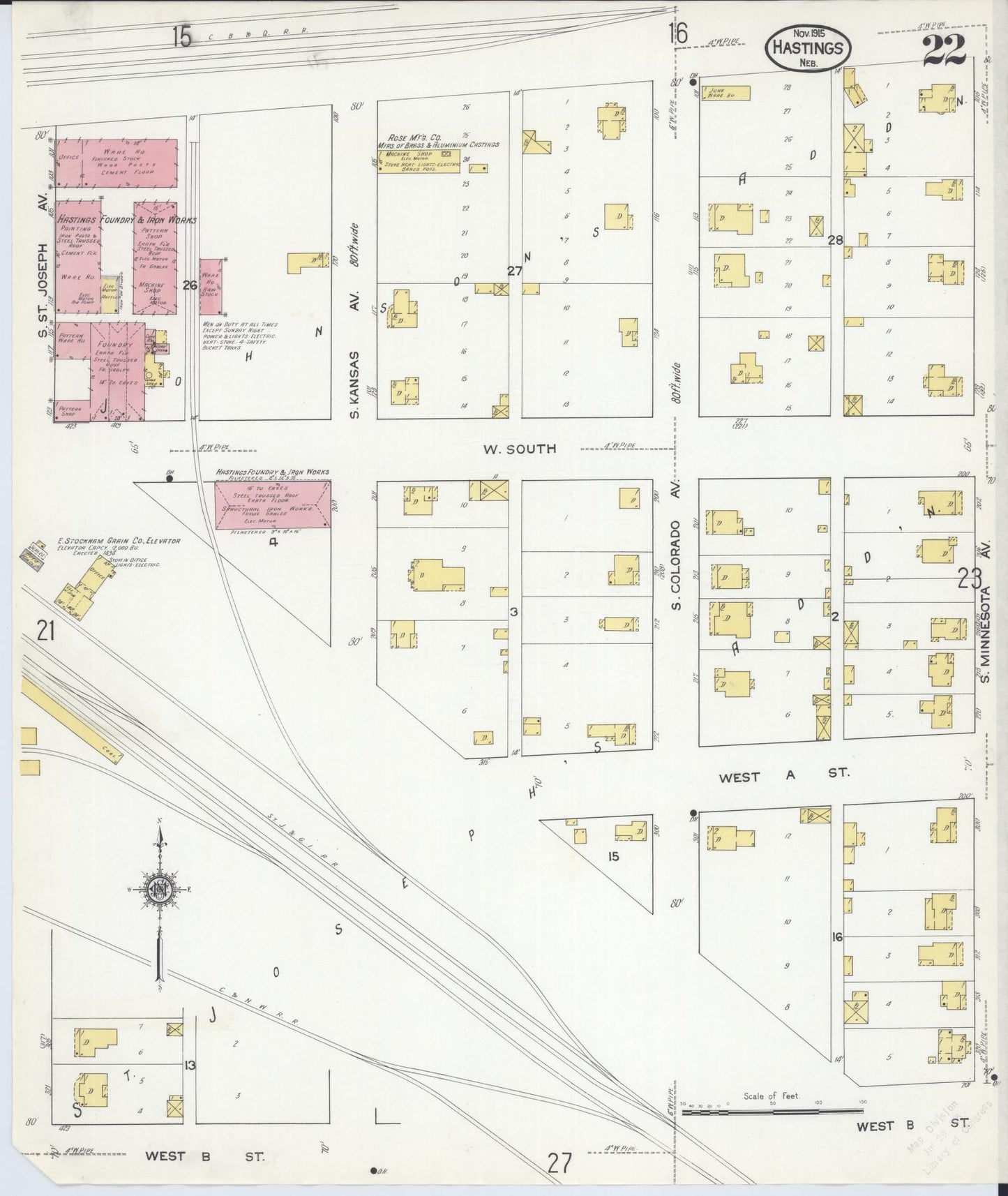 Sanborn Fire Insurance Map from Hastings, Adams County, Nebraska (1915), Sheet #0022 - Historic Sanborn Fire Insurance Map Print, vintage old map wall art, antique decor, genealogy gift, Nebraska Nebraska map