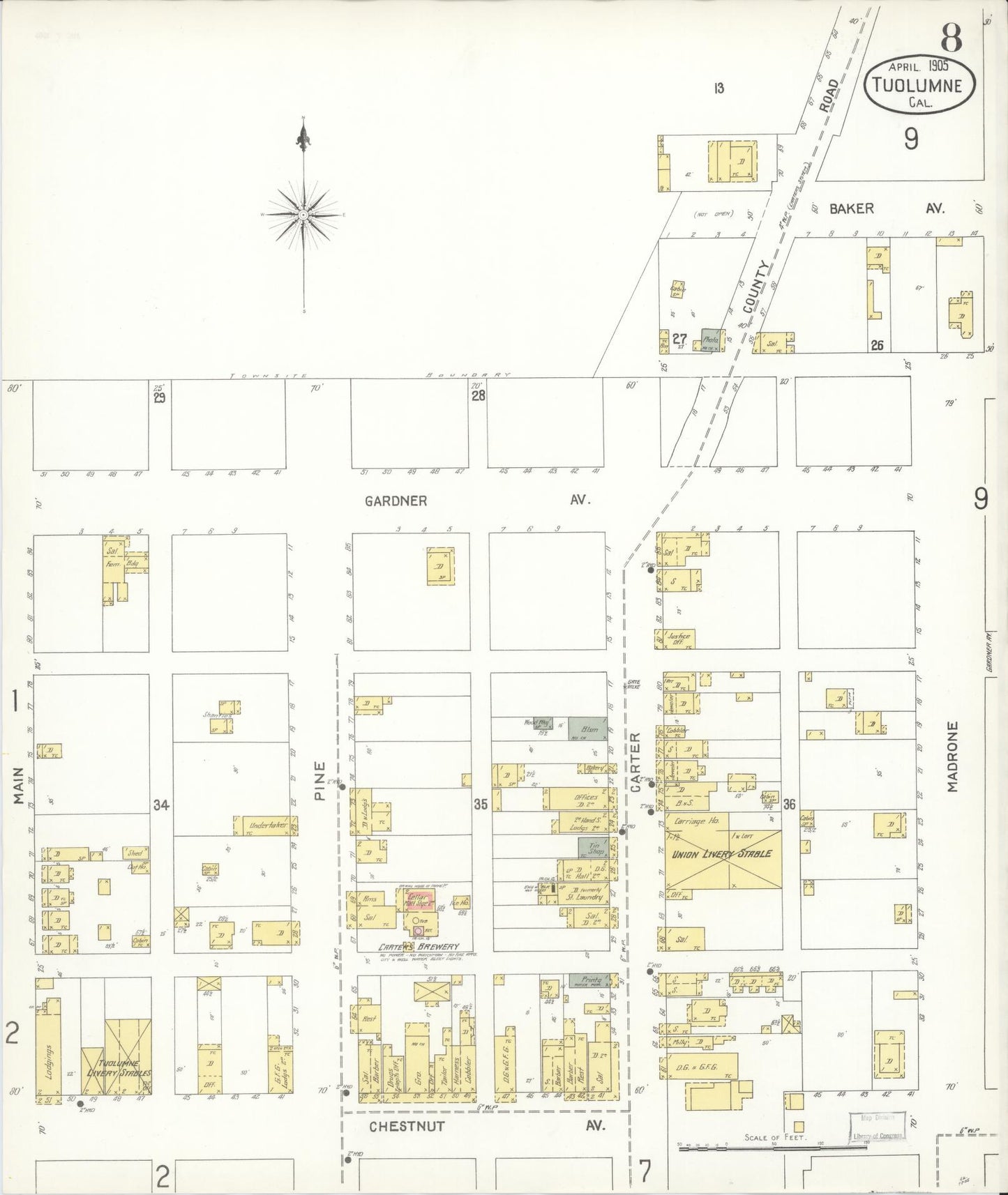 Sanborn Fire Insurance Map from Tuolumne, Tuolumne County, California (1905), Sheet #0008 - Complete Map Set gallery image, historic Sanborn map, vintage wall art, California California