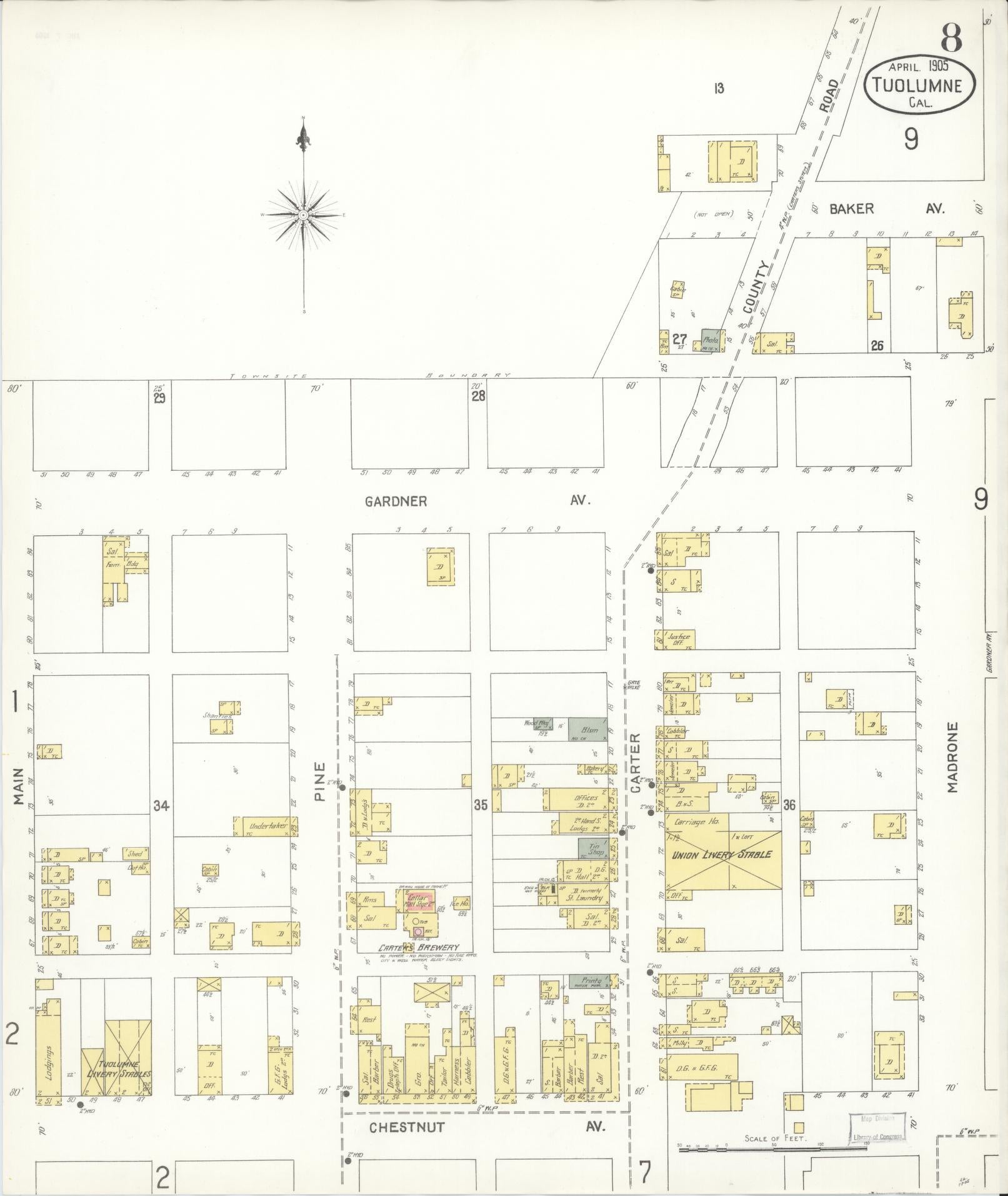 Sanborn Fire Insurance Map from Tuolumne, Tuolumne County, California (1905), Sheet #0008 - Complete Map Set gallery image, historic Sanborn map, vintage wall art, California California