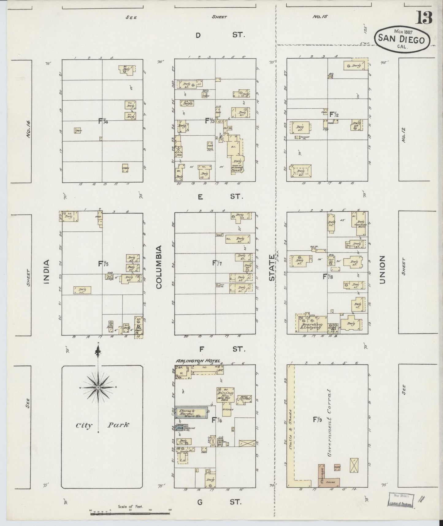 Sanborn Fire Insurance Map from San Diego, San Diego County, California (1887), Sheet #0013 - Complete Map Set gallery image, historic Sanborn map, vintage wall art, California California