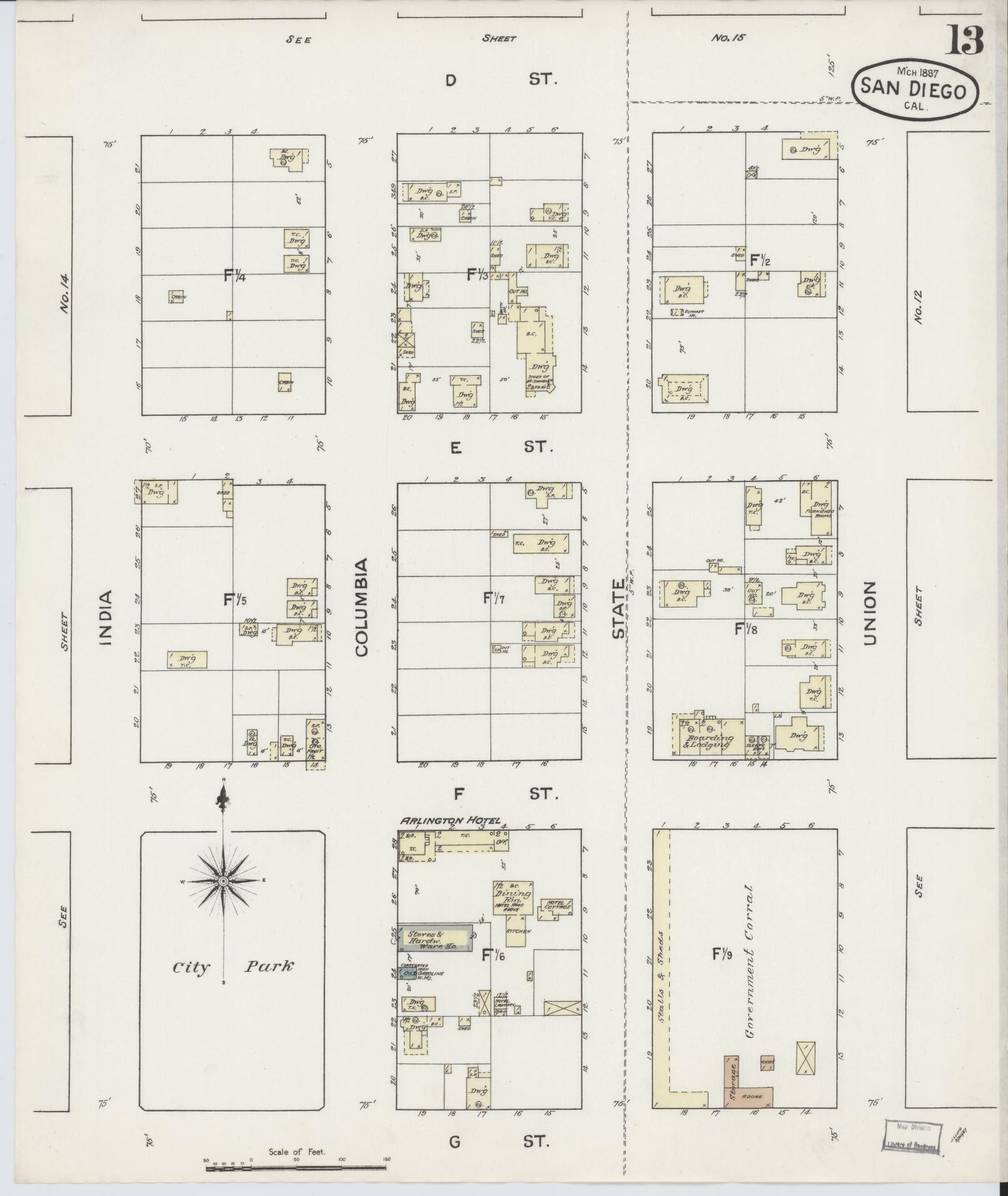 Sanborn Fire Insurance Map from San Diego, San Diego County, California (1887), Sheet #0013 - Complete Map Set gallery image, historic Sanborn map, vintage wall art, California California