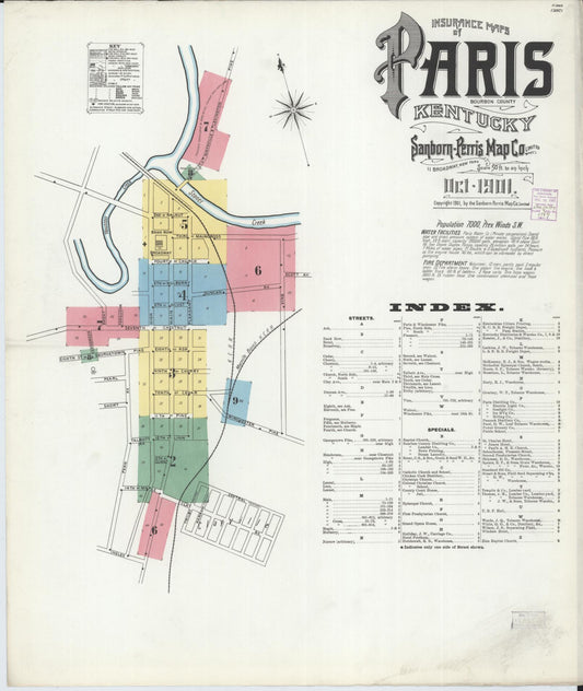 Sanborn Fire Insurance Map from Paris, Bourbon County, Kentucky (1901), Sheet #0001 - Historic Sanborn Fire Insurance Map Print, vintage old map wall art, antique decor, genealogy gift, Kentucky Kentucky map
