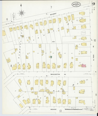 Sanborn Fire Insurance Map from Warren, Trumbull County, Ohio (1908), Sheet #0009 - Historic Sanborn Fire Insurance Map Print, vintage old map wall art, antique decor, genealogy gift, Ohio Ohio map