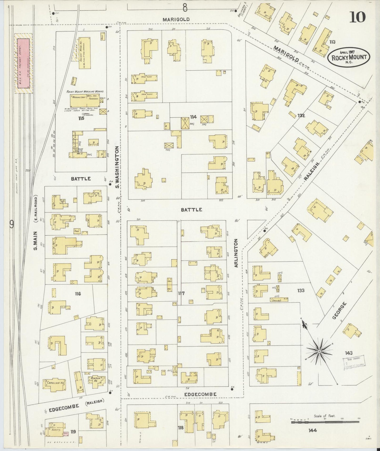 Sanborn Fire Insurance Map from Rocky Mount, Edgecombe And Nash Counties, North Carolina (1907), Sheet #0010 - Complete Map Set gallery image, historic Sanborn map, vintage wall art, North Carolina North Carolina