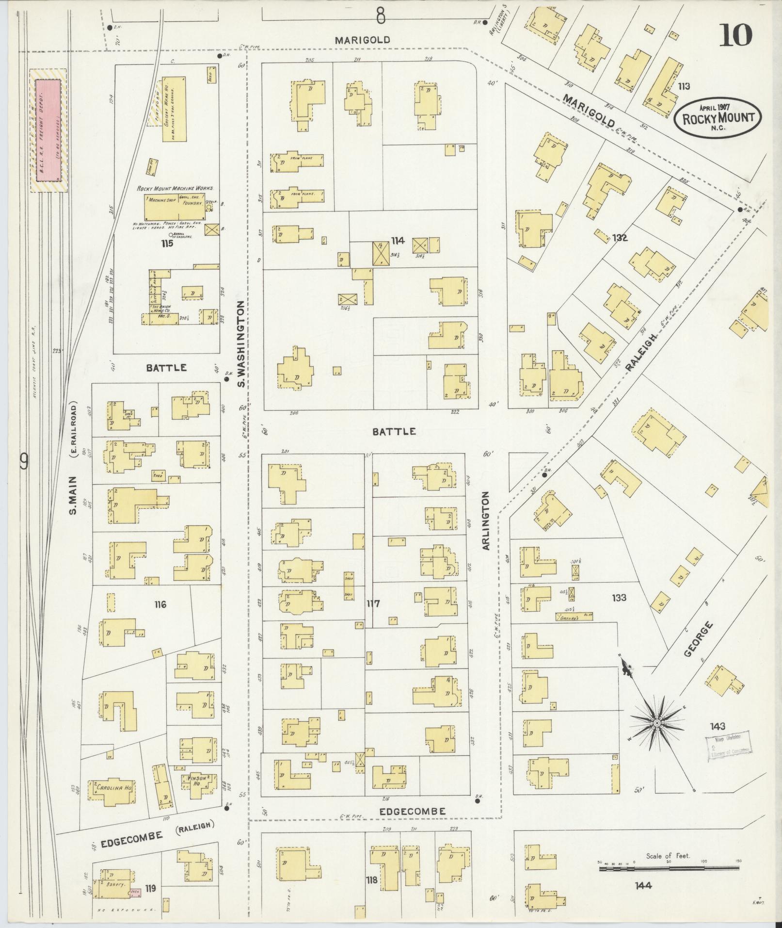 Sanborn Fire Insurance Map from Rocky Mount, Edgecombe And Nash Counties, North Carolina (1907), Sheet #0010 - Complete Map Set gallery image, historic Sanborn map, vintage wall art, North Carolina North Carolina