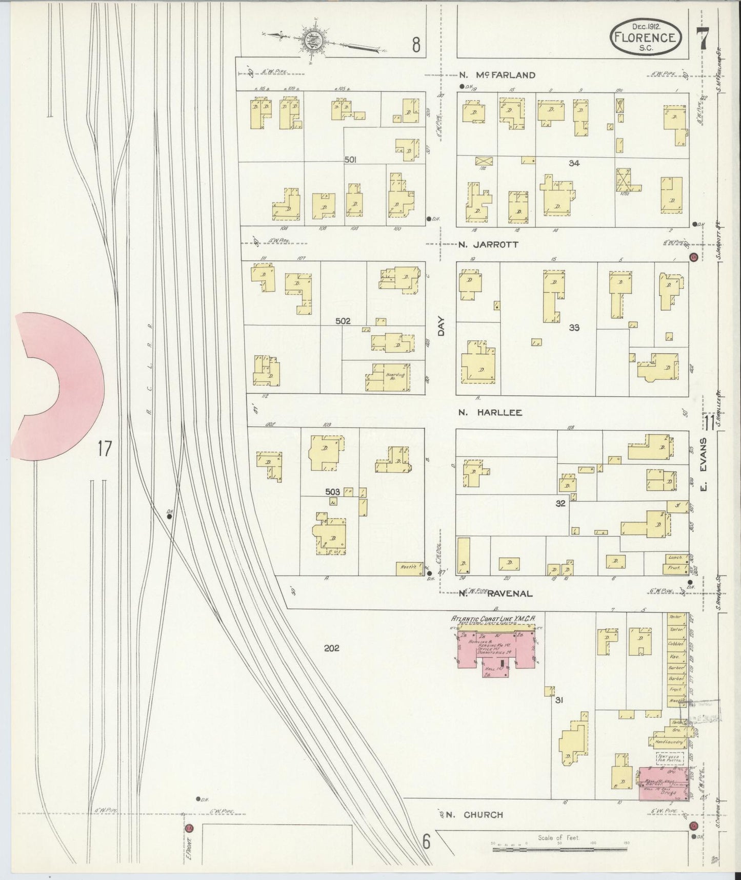 Sanborn Fire Insurance Map from Florence, Florence County, South Carolina (1912), Sheet #0007 - Complete Map Set gallery image, historic Sanborn map, vintage wall art, South Carolina South Carolina