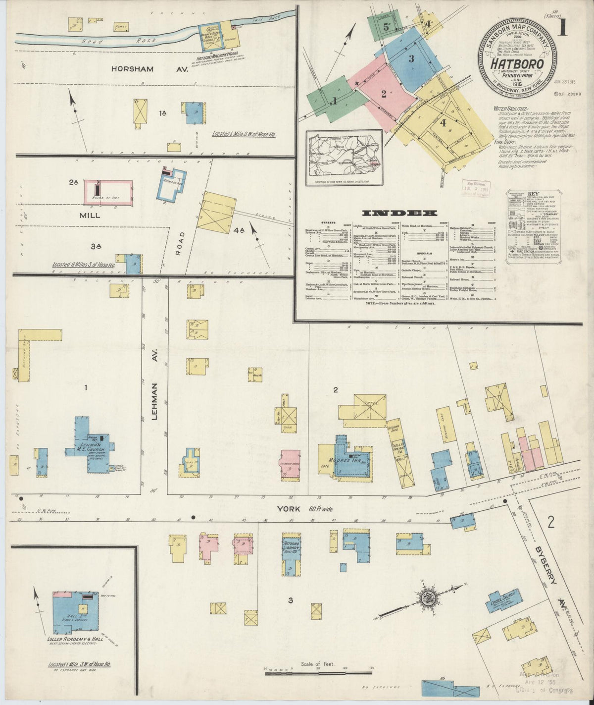 Sanborn Fire Insurance Map from Hatboro, Montgomery County, Pennsylvania (1915), Sheet #0001 - Historic Sanborn Fire Insurance Map Print, vintage old map wall art, antique decor, genealogy gift, Pennsylvania Pennsylvania map