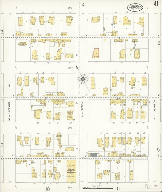 Sanborn Fire Insurance Map from Merced, Merced County, California (1907), Sheet #0008 - Historic Sanborn Fire Insurance Map Print, vintage old map wall art, antique decor, genealogy gift, California California map