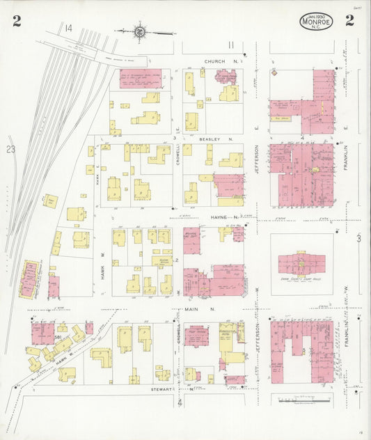 Sanborn Fire Insurance Map from Monroe, Union County, North Carolina (1930), Sheet #0002 - Historic Sanborn Fire Insurance Map Print, vintage old map wall art, antique decor, genealogy gift, North Carolina North Carolina map