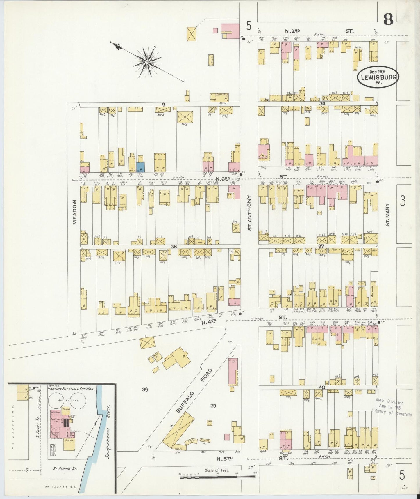 Sanborn Fire Insurance Map from Lewisburg, Union County, Pennsylvania (1906), Sheet #0008 - Historic Sanborn Fire Insurance Map Print, vintage old map wall art, antique decor, genealogy gift, Pennsylvania Pennsylvania map