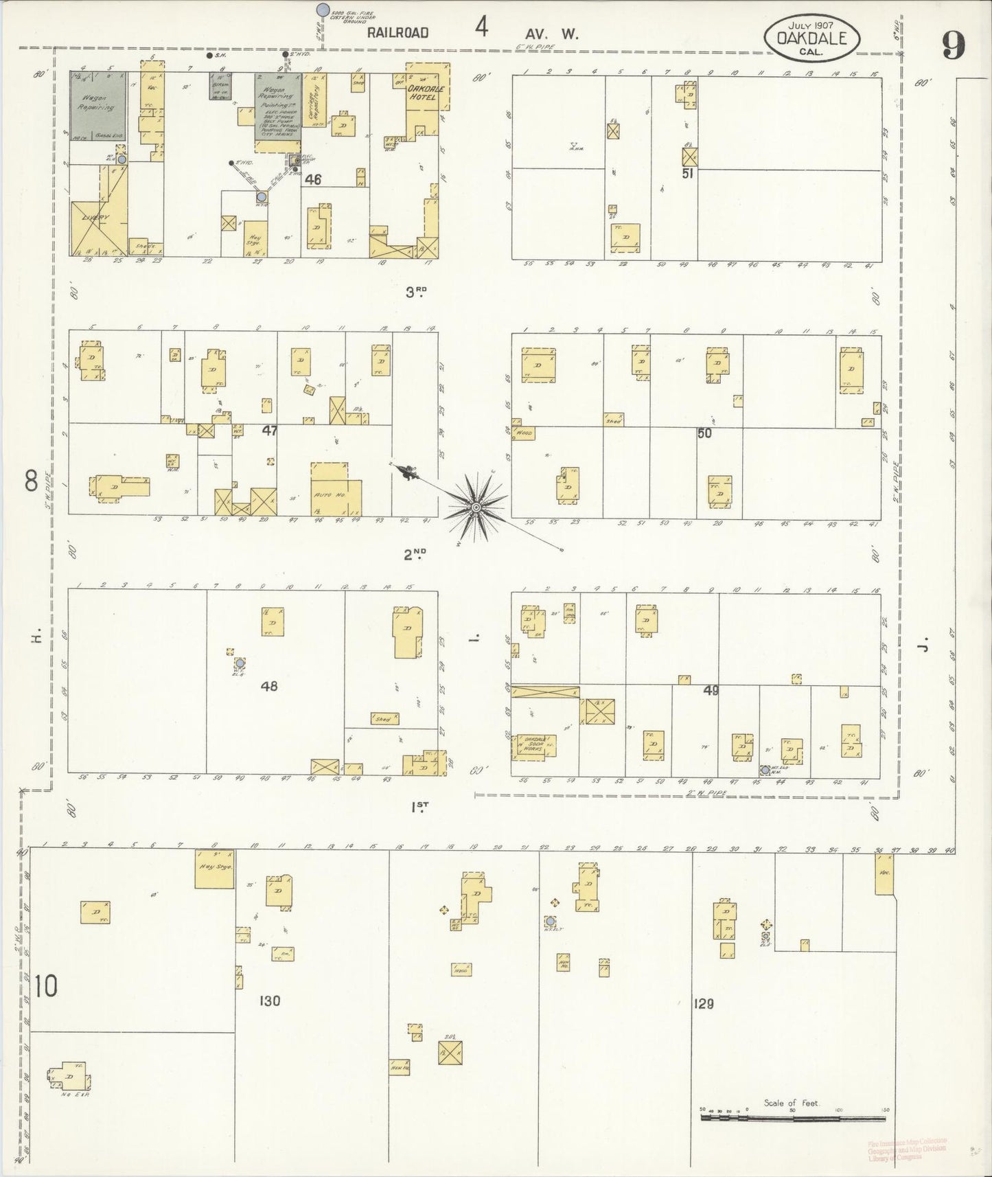 Sanborn Fire Insurance Map from Oakdale, Stanislaus County, California (1907), Sheet #0009 - Complete Map Set gallery image, historic Sanborn map, vintage wall art, California California