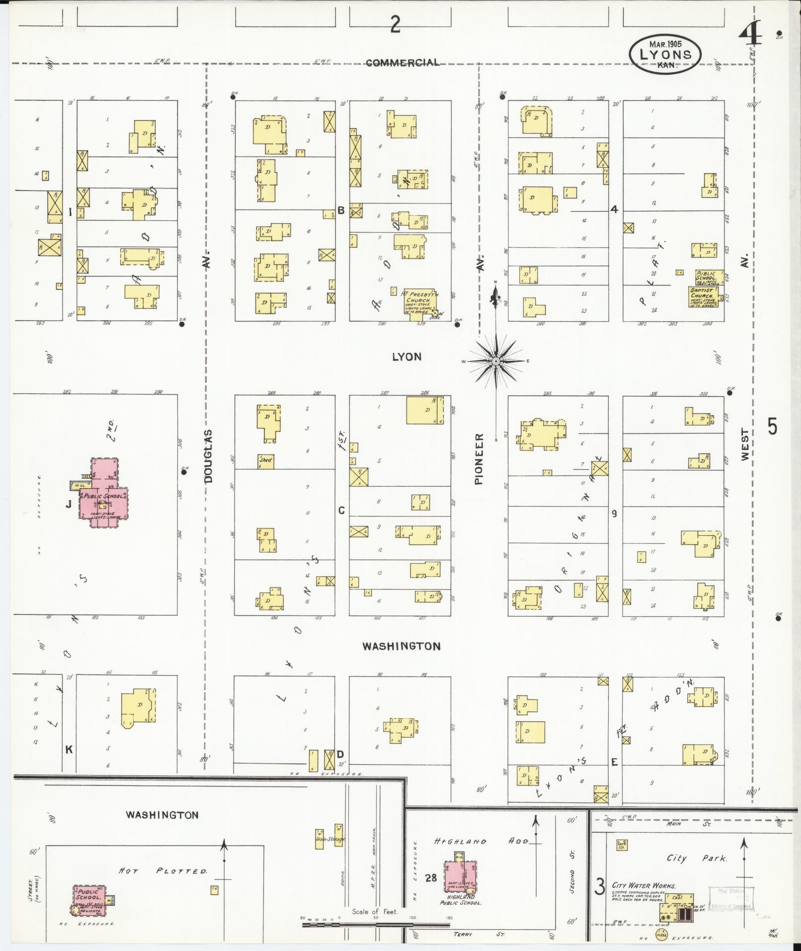Sanborn Fire Insurance Map from Lyons, Rice County, Kansas (1905), Sheet #0004 - Complete Map Set gallery image, historic Sanborn map, vintage wall art, Kansas Kansas