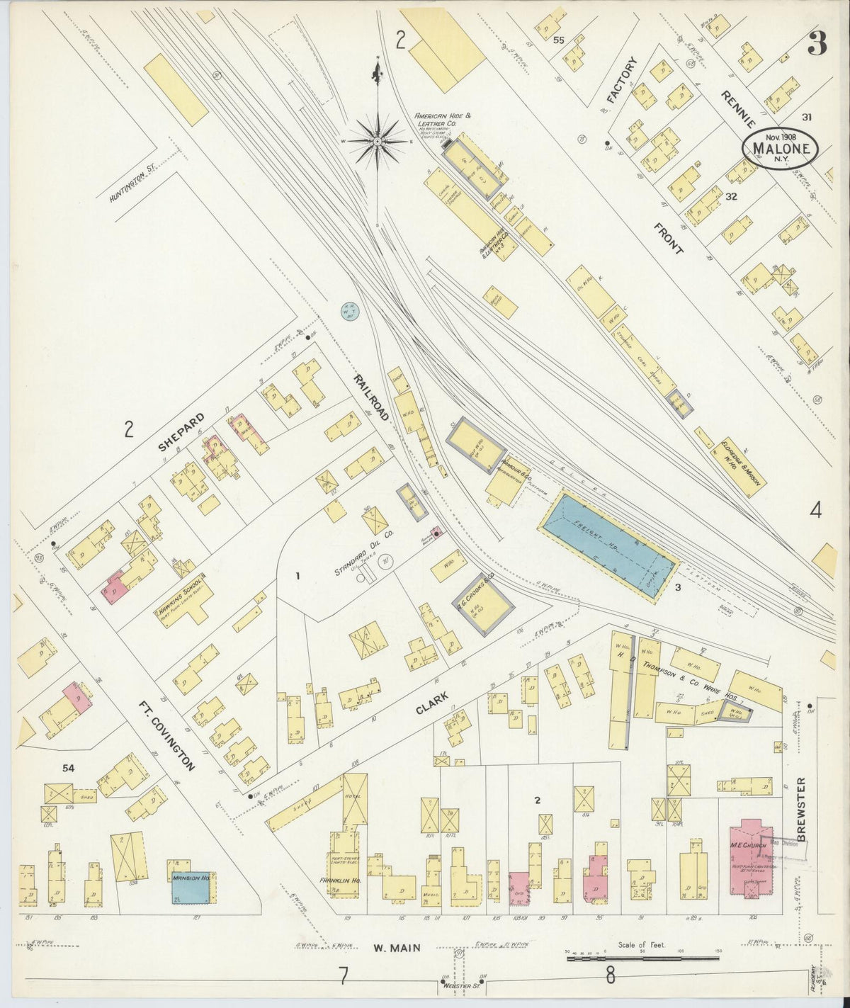 Sanborn Fire Insurance Map from Malone, Franklin County, New York (1908), Sheet #0003 - Complete Map Set gallery image, historic Sanborn map, vintage wall art, New York New York