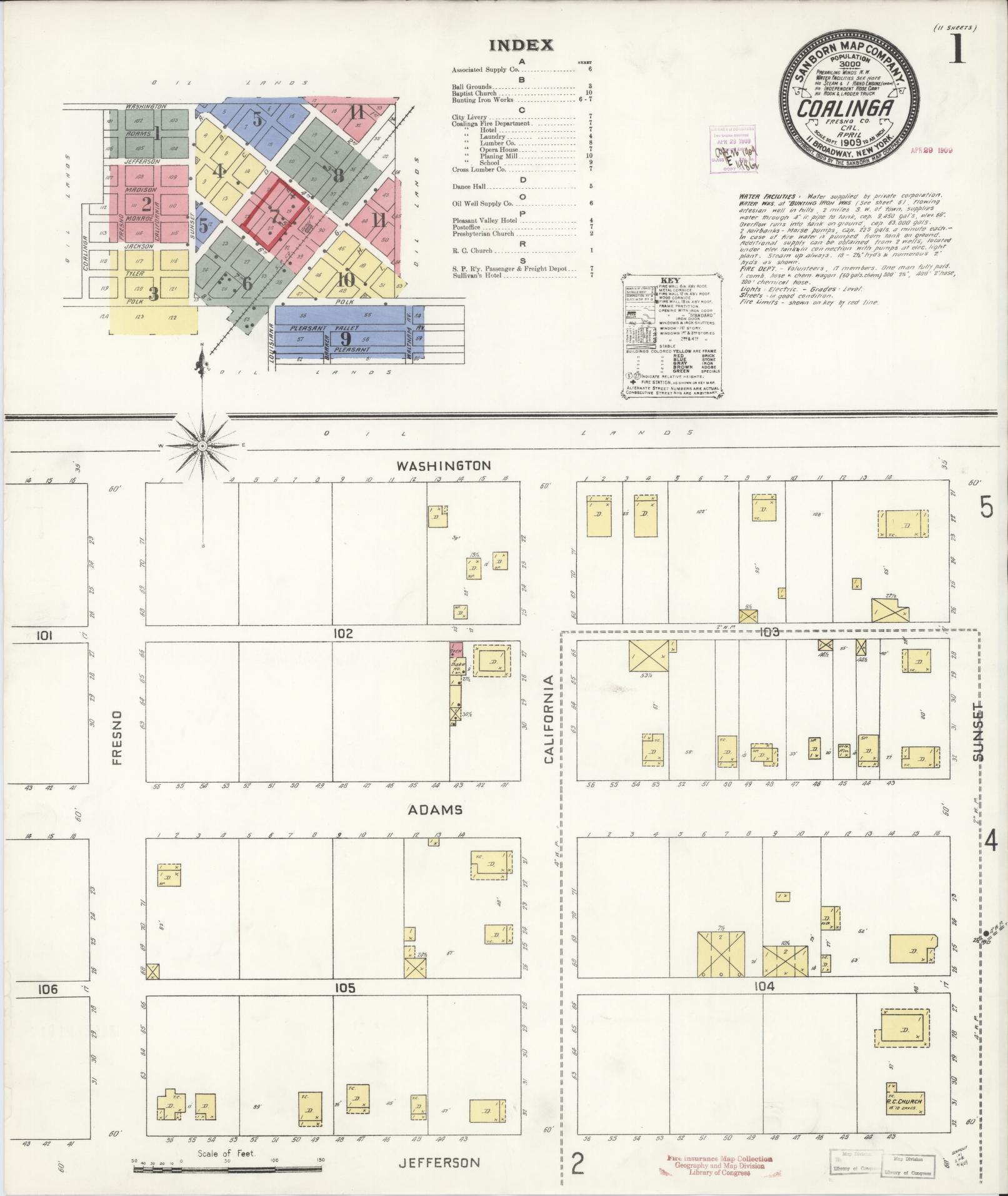 Sanborn Fire Insurance Map from Coalinga, Fresno County, California (1909), Sheet #0001 - Complete Map Set gallery image, historic Sanborn map, vintage wall art, California California