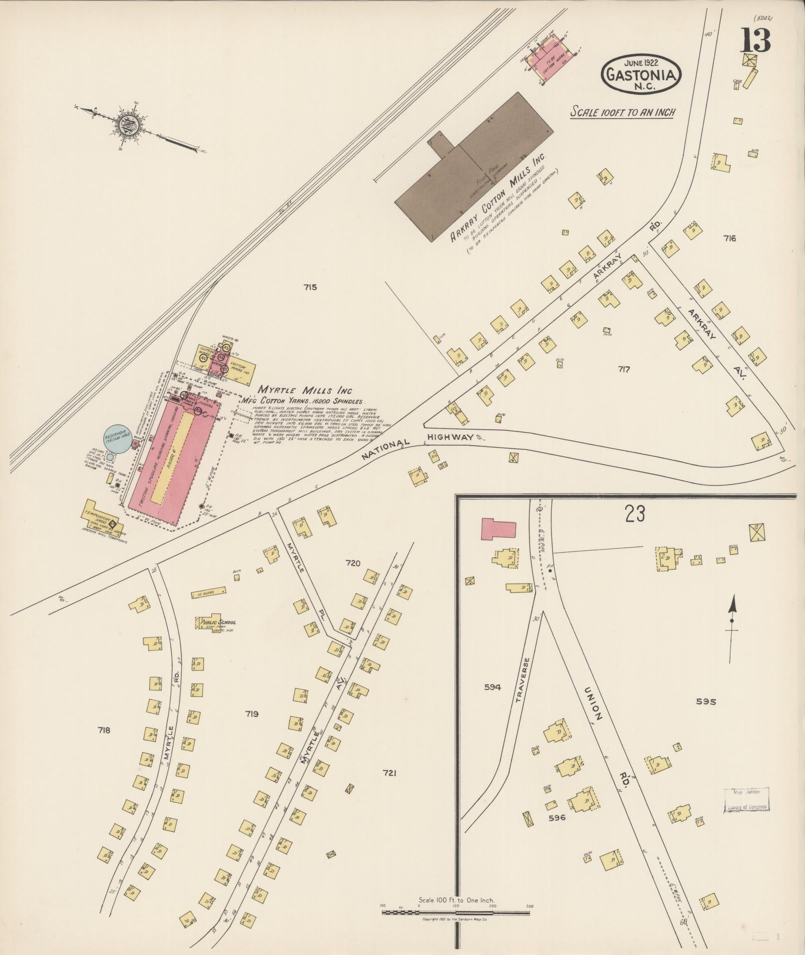 Sanborn Fire Insurance Map from Gastonia, Gaston County, North Carolina (1922), Sheet #0013 - Historic Sanborn Fire Insurance Map Print, vintage old map wall art, antique decor, genealogy gift, North Carolina North Carolina map