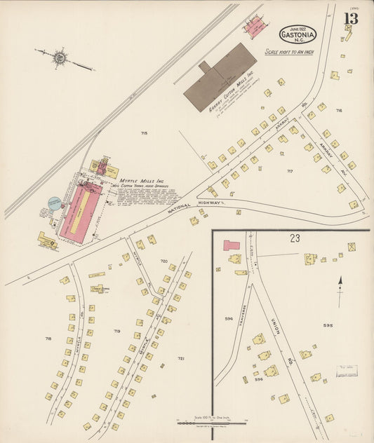 Sanborn Fire Insurance Map from Gastonia, Gaston County, North Carolina (1922), Sheet #0013 - Historic Sanborn Fire Insurance Map Print, vintage old map wall art, antique decor, genealogy gift, North Carolina North Carolina map