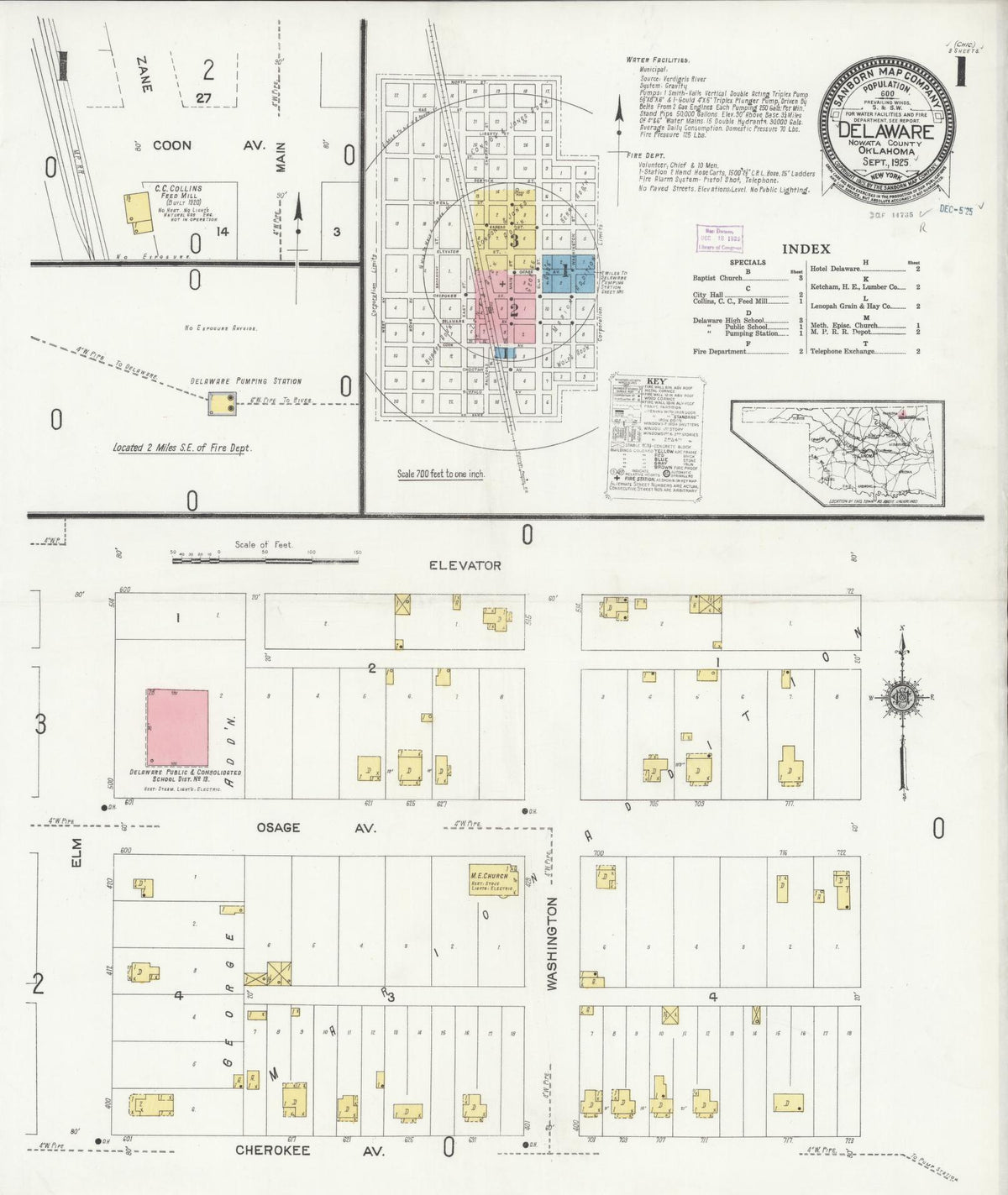 Sanborn Fire Insurance Map from Delaware, Nowata County, Oklahoma (1925), Sheet #0001 - Historic Sanborn Fire Insurance Map Print, vintage old map wall art, antique decor, genealogy gift, Delaware Delaware map