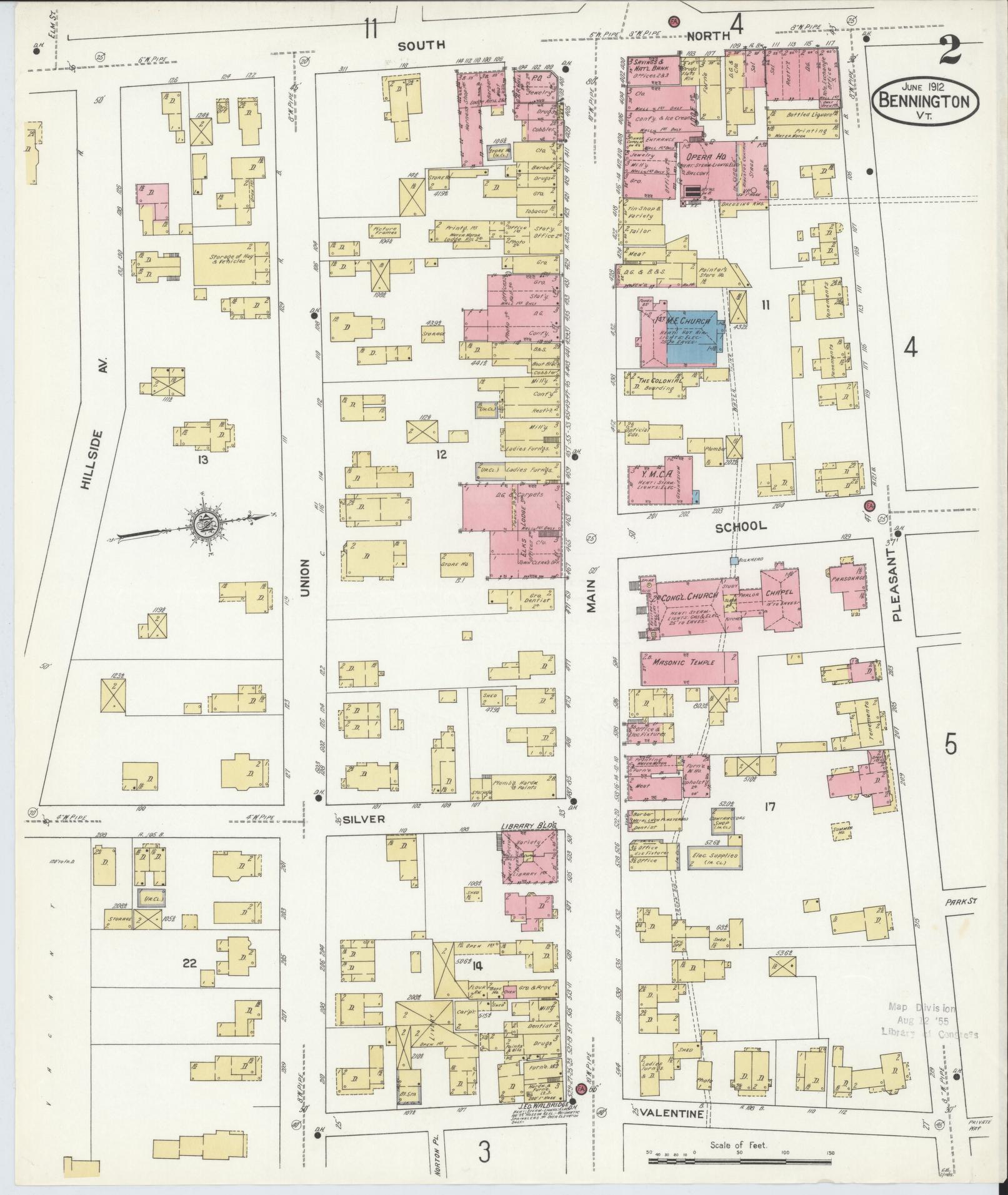 Sanborn Fire Insurance Map from Bennington, Bennington County, Vermont (1912), Sheet #0002 - Historic Sanborn Fire Insurance Map Print, vintage old map wall art, antique decor, genealogy gift, Vermont Vermont map