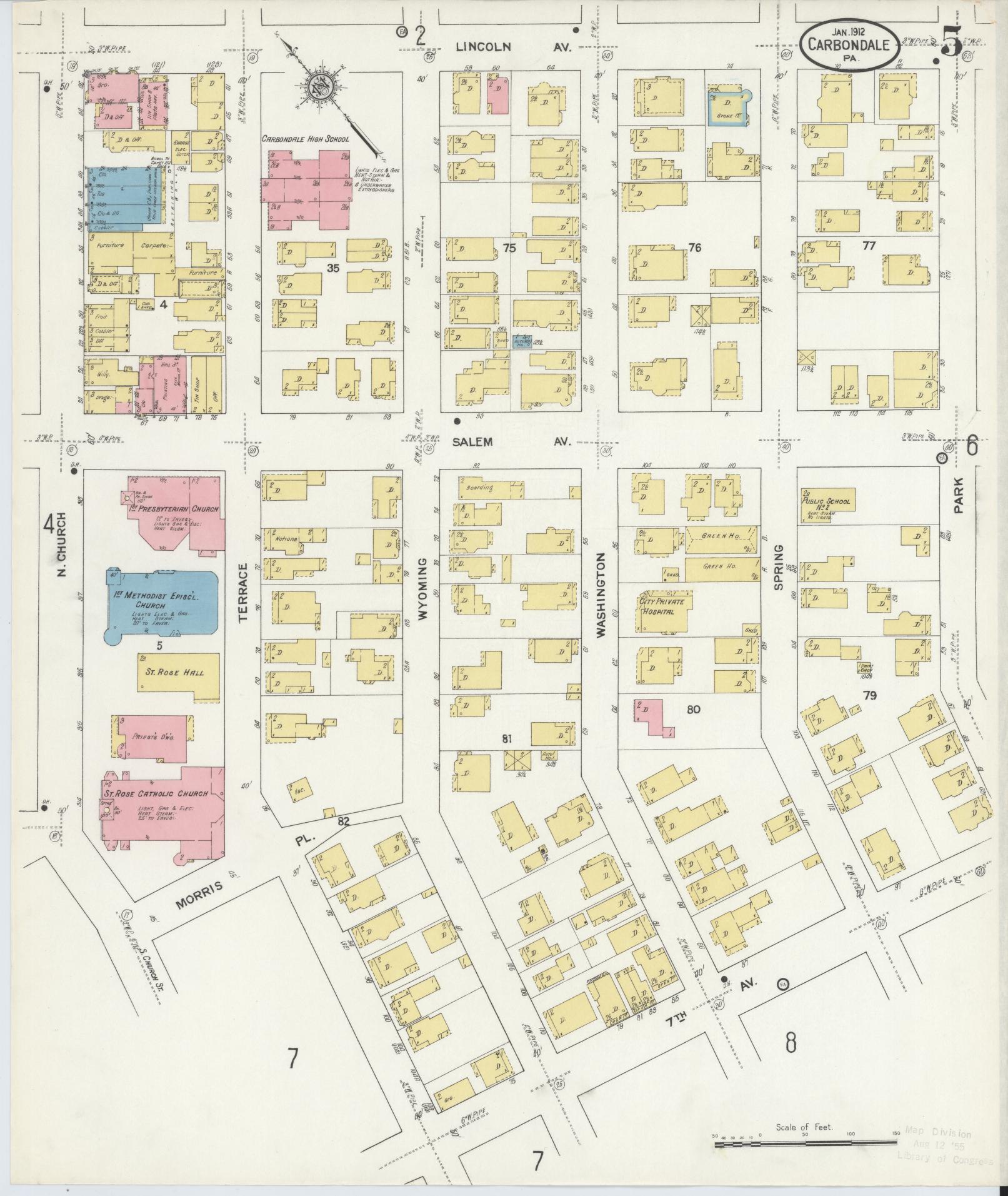 Sanborn Fire Insurance Map from Carbondale, Lackawanna County, Pennsylvania (1912), Sheet #0005 - Historic Sanborn Fire Insurance Map Print, vintage old map wall art, antique decor, genealogy gift, Pennsylvania Pennsylvania map