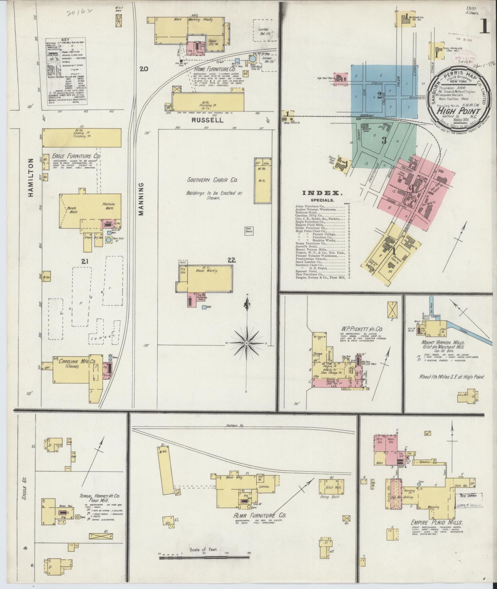 Sanborn Fire Insurance Map from High Point, Guilford County, North Carolina (1896), Sheet #0001 - Complete Map Set gallery image, historic Sanborn map, vintage wall art, North Carolina North Carolina
