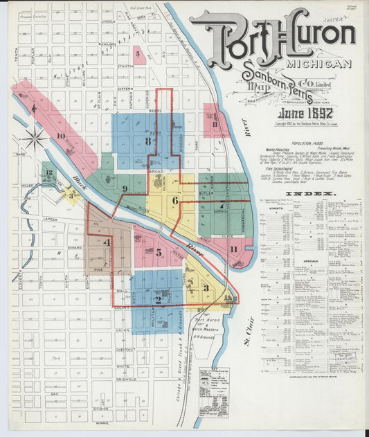 Sanborn Fire Insurance Map from Port Huron, Saint Clair County, Michigan (1892), Sheet #0001 - Historic Sanborn Fire Insurance Map Print, vintage old map wall art, antique decor, genealogy gift, Michigan Michigan map