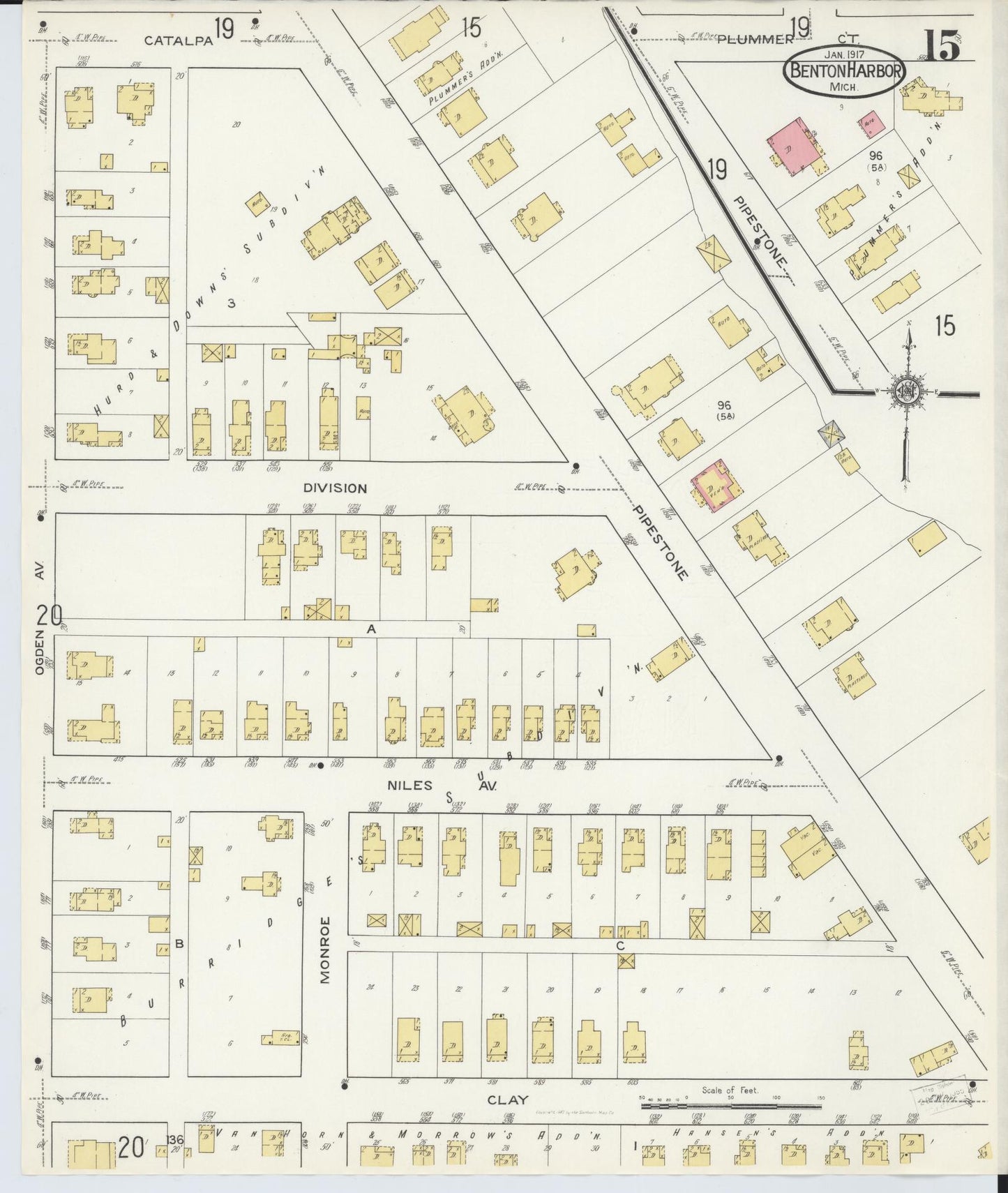 Sanborn Fire Insurance Map from Benton Harbor, Berrien County, Michigan (1917), Sheet #0015 - Historic Sanborn Fire Insurance Map Print, vintage old map wall art, antique decor, genealogy gift, Michigan Michigan map