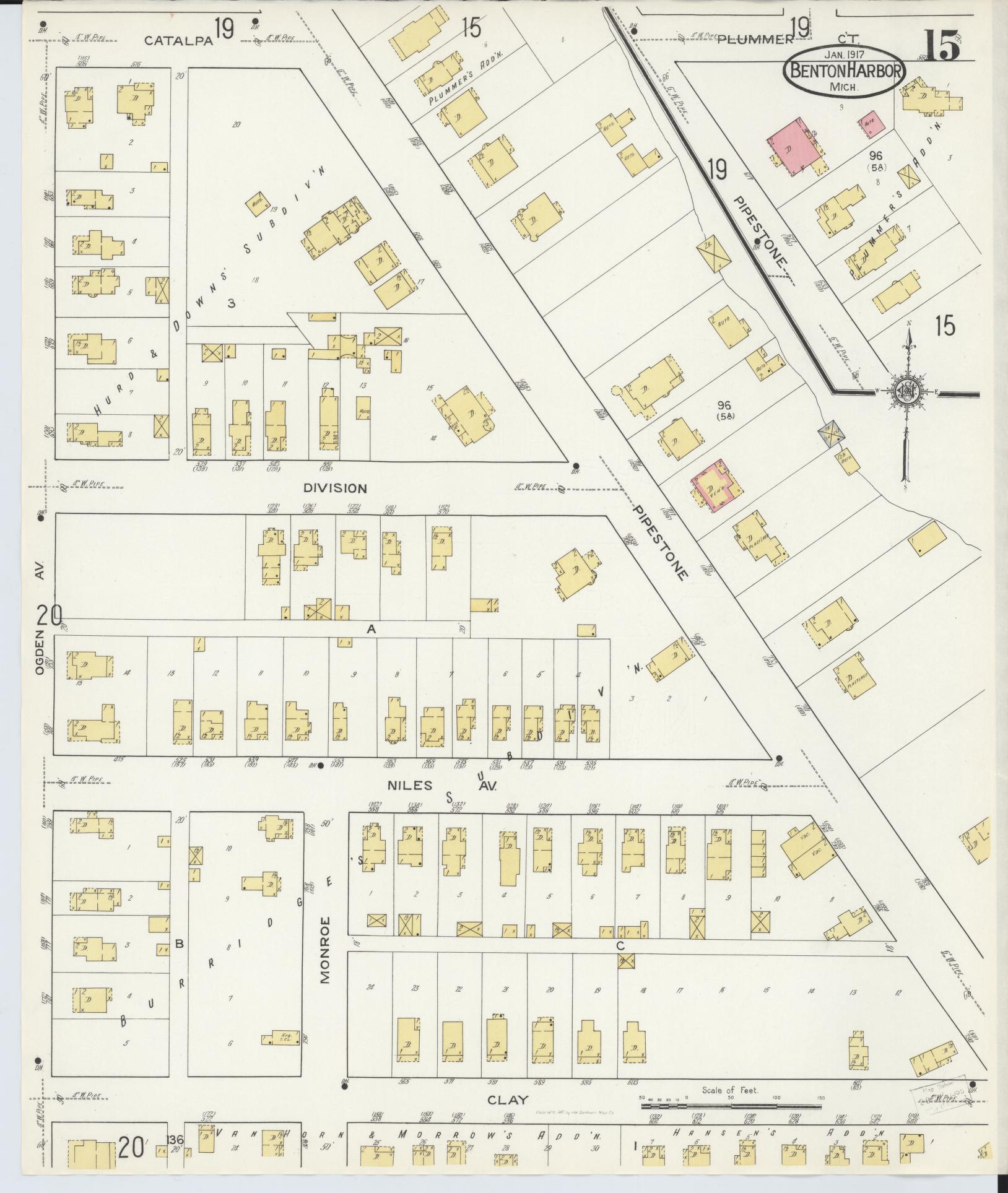 Sanborn Fire Insurance Map from Benton Harbor, Berrien County, Michigan (1917), Sheet #0015 - Historic Sanborn Fire Insurance Map Print, vintage old map wall art, antique decor, genealogy gift, Michigan Michigan map