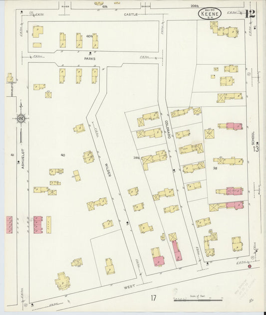 Sanborn Fire Insurance Map from Keene, Cheshire County, New Hampshire (1913), Sheet #0012 - Historic Sanborn Fire Insurance Map Print, vintage old map wall art, antique decor, genealogy gift, New Hampshire New Hampshire map