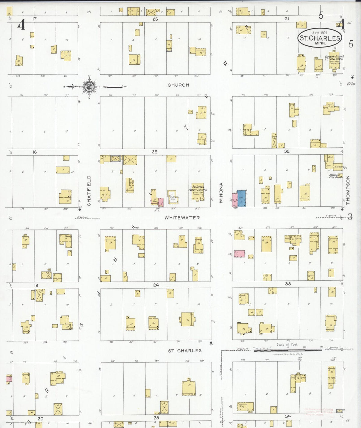 Sanborn Fire Insurance Map from Saint Charles, Winona County, Minnesota (1927), Sheet #0004 - Historic Sanborn Fire Insurance Map Print, vintage old map wall art, antique decor, genealogy gift, Minnesota Minnesota map