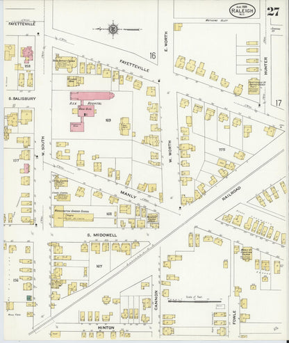 Sanborn Fire Insurance Map from Raleigh, Wake County, North Carolina (1909), Sheet #0027 - Historic Sanborn Fire Insurance Map Print, vintage old map wall art, antique decor, genealogy gift, North Carolina North Carolina map