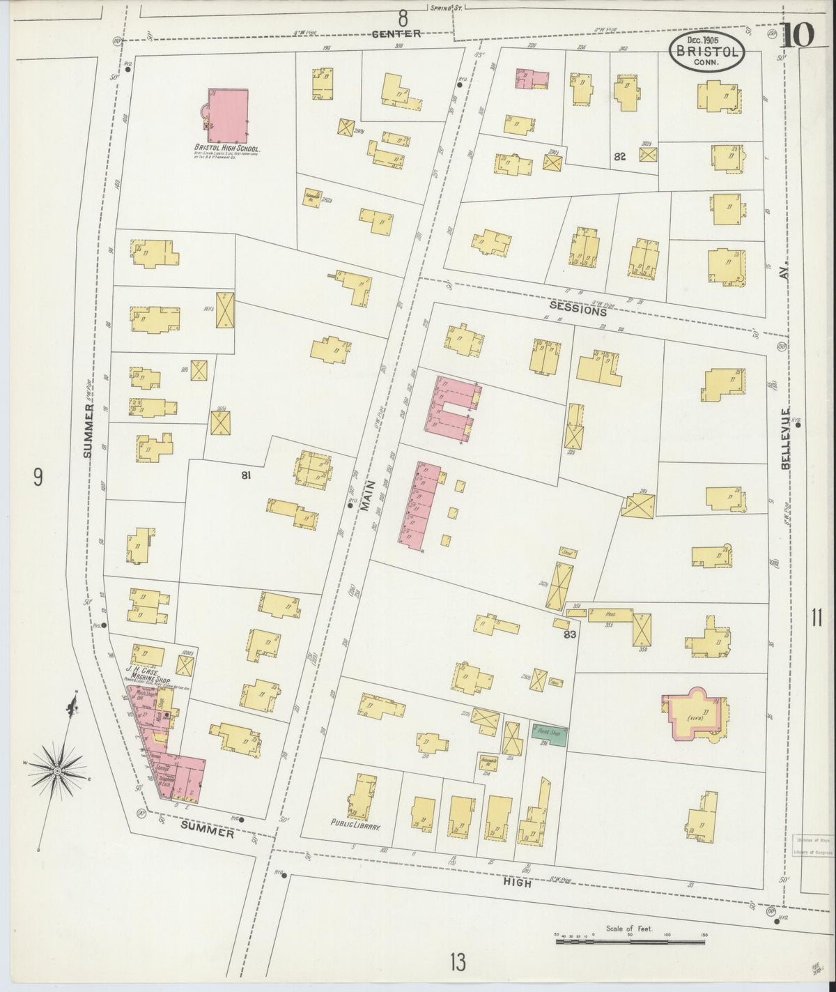 Sanborn Fire Insurance Map from Bristol, Hartford County, Connecticut (1905), Sheet #0010 - Historic Sanborn Fire Insurance Map Print, vintage old map wall art, antique decor, genealogy gift, Connecticut Connecticut map