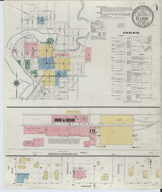 Sanborn Fire Insurance Map from Saint Louis, Gratiot County, Michigan (1910), Sheet #0001 - Historic Sanborn Fire Insurance Map Print, vintage old map wall art, antique decor, genealogy gift, Michigan Michigan map