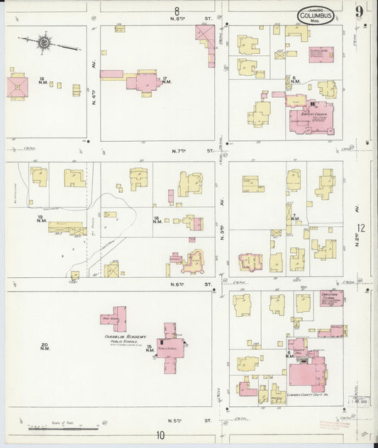 Sanborn Fire Insurance Map from Columbus, Lowndes County, Mississippi (1910), Sheet #0009 - Historic Sanborn Fire Insurance Map Print, vintage old map wall art, antique decor, genealogy gift, Mississippi Mississippi map