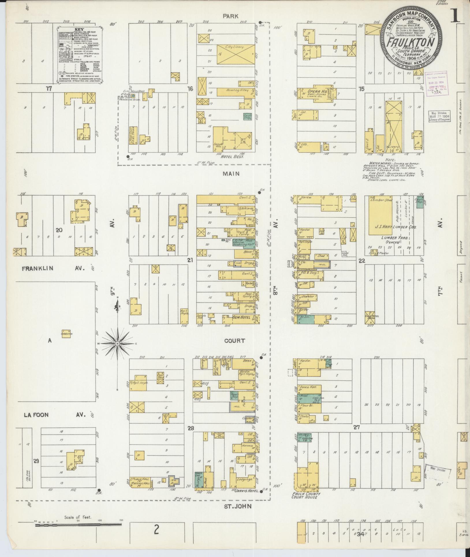 Sanborn Fire Insurance Map from Faulkton, Faulk County, South Dakota (1904), Sheet #0001 - Historic Sanborn Fire Insurance Map Print, vintage old map wall art, antique decor, genealogy gift, South Dakota South Dakota map