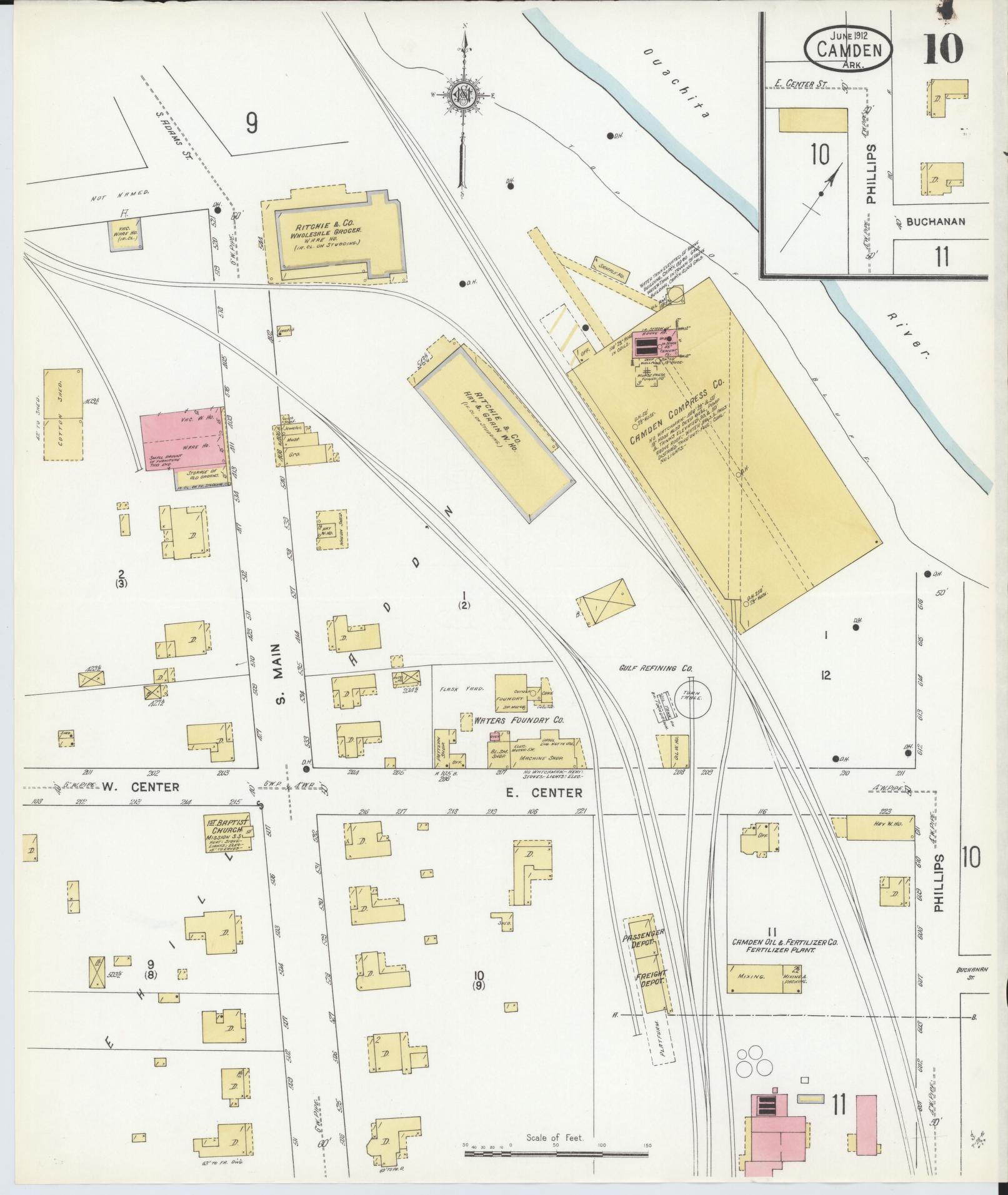 Sanborn Fire Insurance Map from Camden, Ouachita County, Arkansas (1912), Sheet #0010 - Historic Sanborn Fire Insurance Map Print, vintage old map wall art, antique decor, genealogy gift, Arkansas Arkansas map
