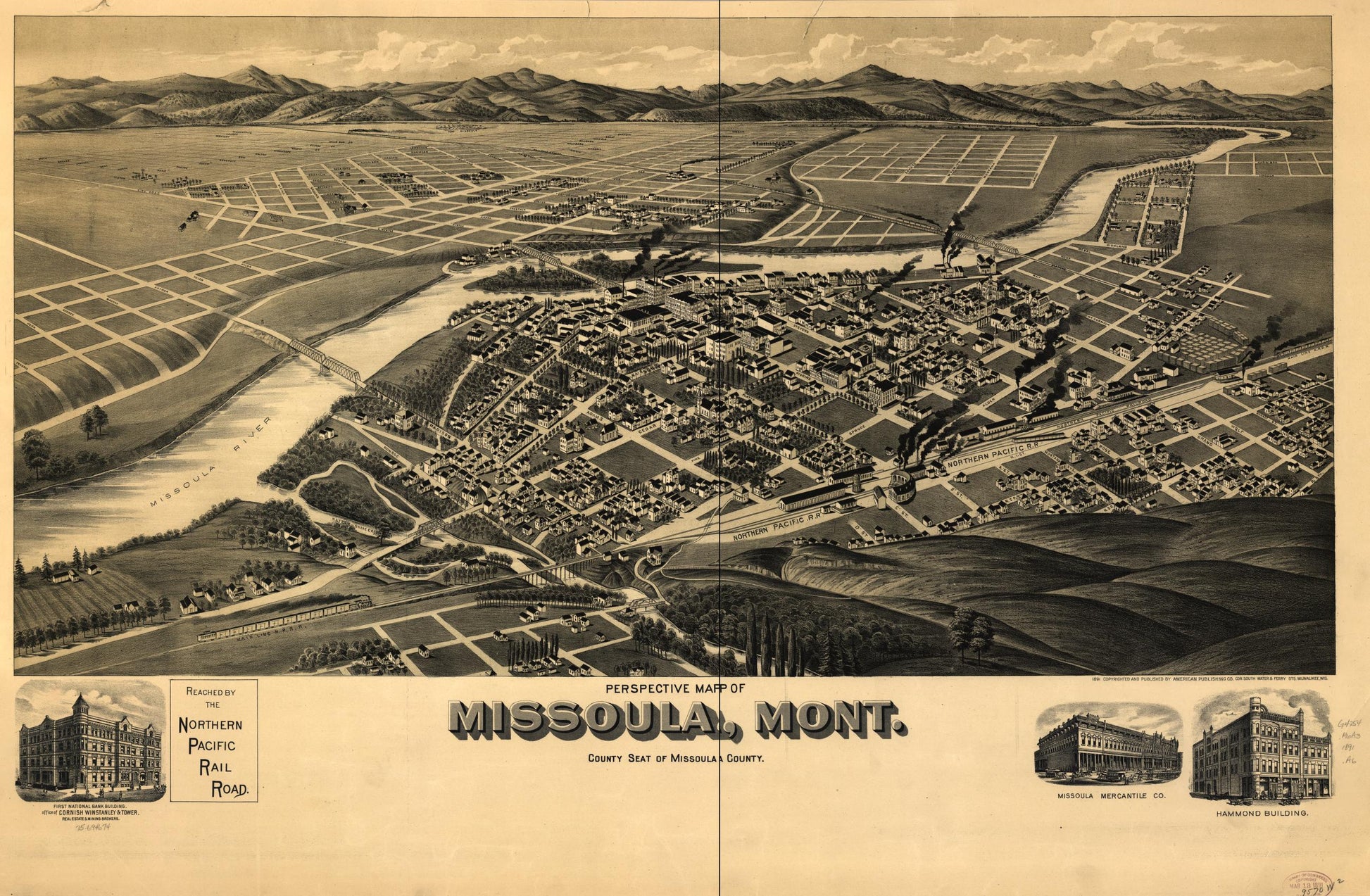 Perspective map of Missoula, Mont. county seat of Missoula County. (1891) – Historic Bird’s-Eye View Panorama Print
