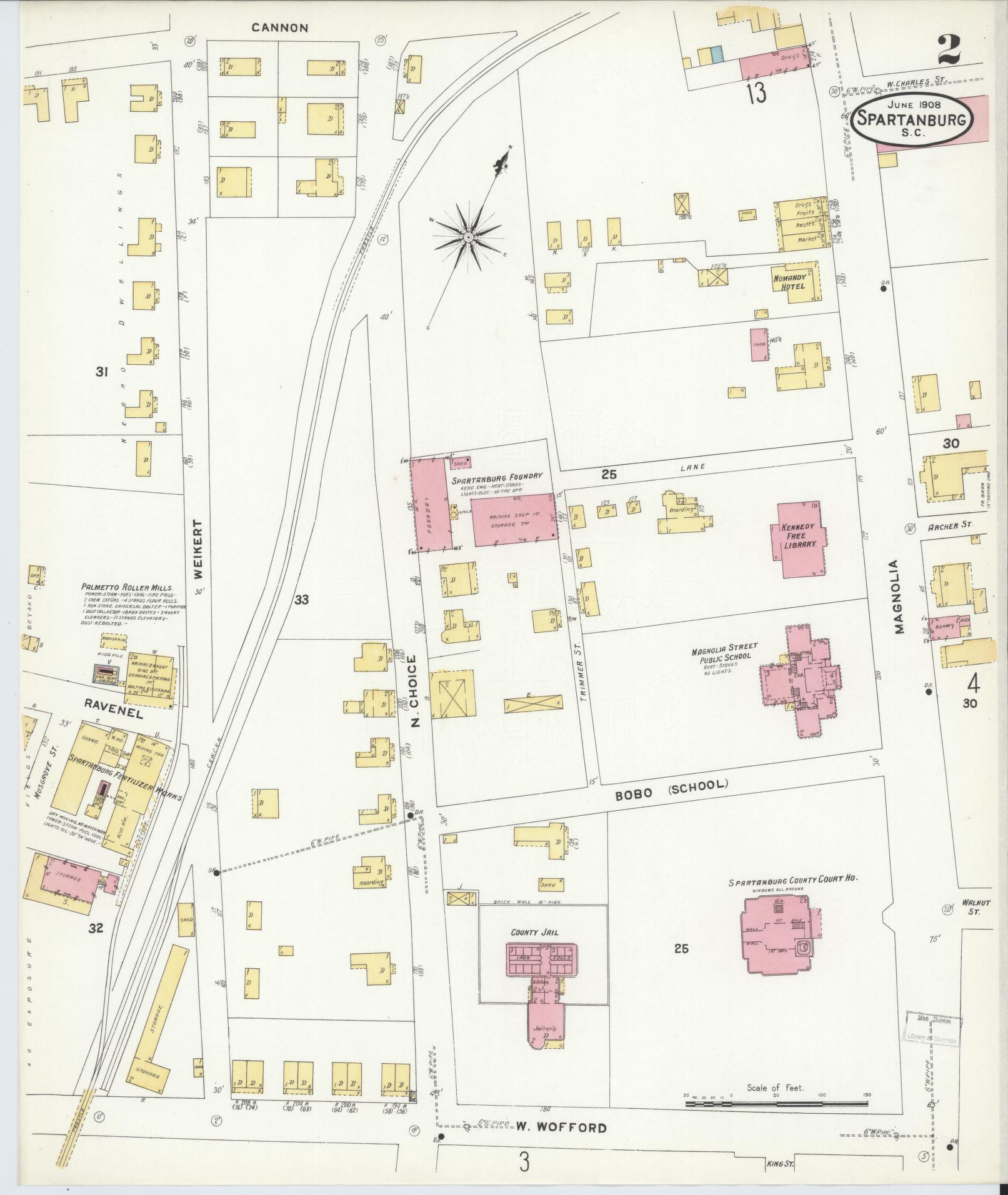 Sanborn Fire Insurance Map from Spartanburg, Spartanburg County, South Carolina (1908), Sheet #0002 - Historic Sanborn Fire Insurance Map Print, vintage old map wall art, antique decor, genealogy gift, South Carolina South Carolina map