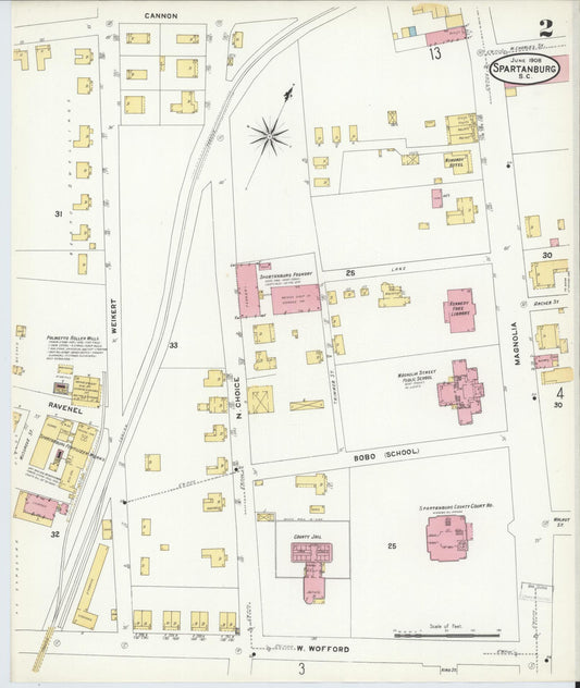 Sanborn Fire Insurance Map from Spartanburg, Spartanburg County, South Carolina (1908), Sheet #0002 - Historic Sanborn Fire Insurance Map Print, vintage old map wall art, antique decor, genealogy gift, South Carolina South Carolina map